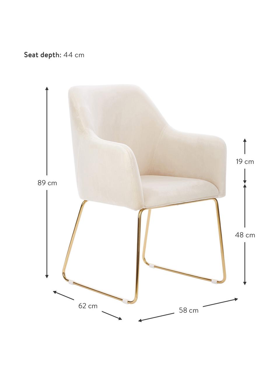 Fluwelen armleunstoel Isla, Bekleding: fluweel (polyester), Poten: gecoat metaal, Fluweel crèmewit, goudkleurig, B 60 x D 62 cm