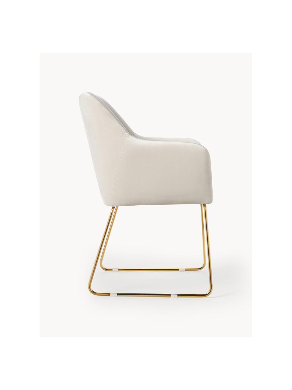 Silla con reposabrazos de terciopelo Isla, Tapizado: terciopelo (poliéster) Al, Patas: metal recubierto, Terciopelo blanco crema, dorado, An 58 x F 62 cm