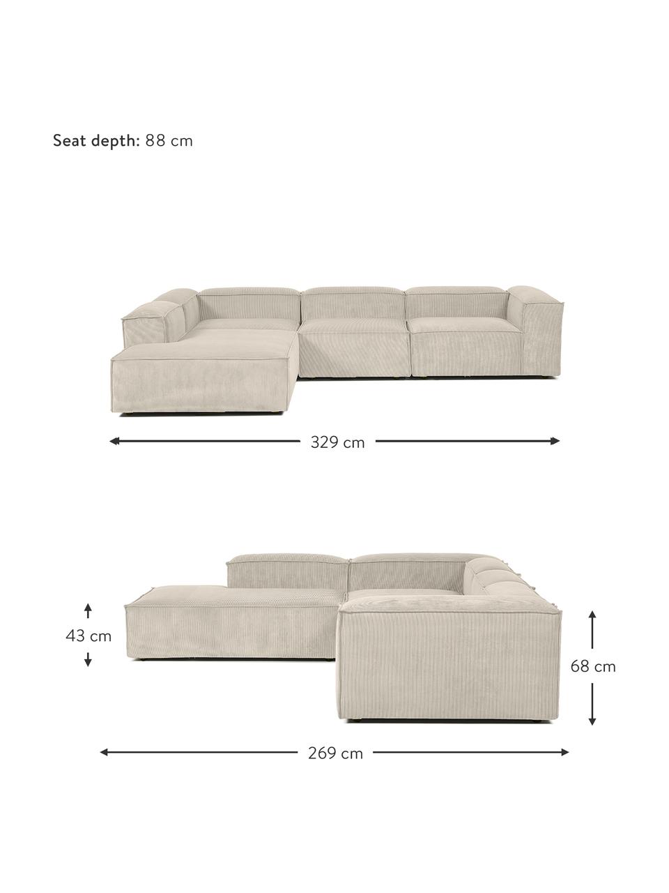 Narożna sofa modułowa XL ze sztruksu Lennon, Tapicerka: sztruks (92% poliester, 8, Stelaż: lite drewno, sklejka, Nogi: tworzywo sztuczne, Beżowy sztruks, S 329 x W 68 cm, lewostronna