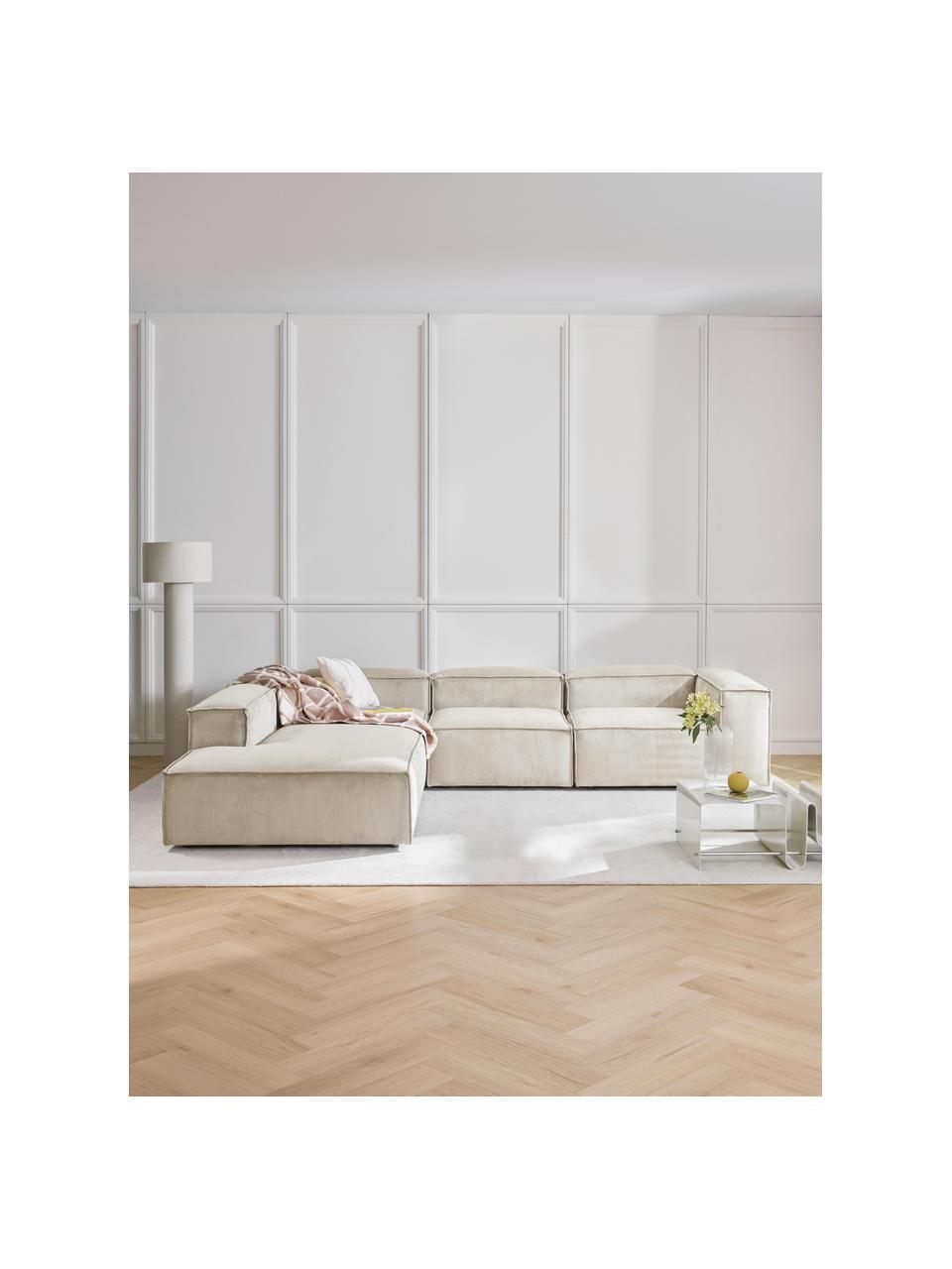 Modulares XL-Ecksofa Lennon aus Cord, Bezug: Cord (92 % Polyester, 8 %, Gestell: Massives Kiefernholz, Spe, Füße: Kunststoff Dieses Produkt, Cord Hellbeige, B 329 x T 269 cm, Eckteil links