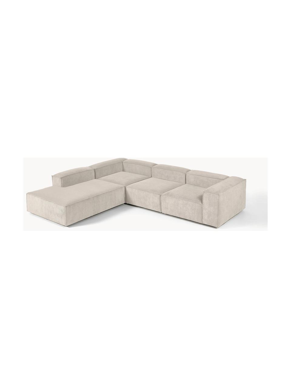 Divano angolare componibile XL in velluto a coste Lennon, Rivestimento: velluto a coste (92% poli, Struttura: legno di pino massiccio, , Piedini: plastica Questo prodotto , Velluto a coste beige chiaro, Larg. 329 x Prof. 269 cm, chaise longue a sinistra