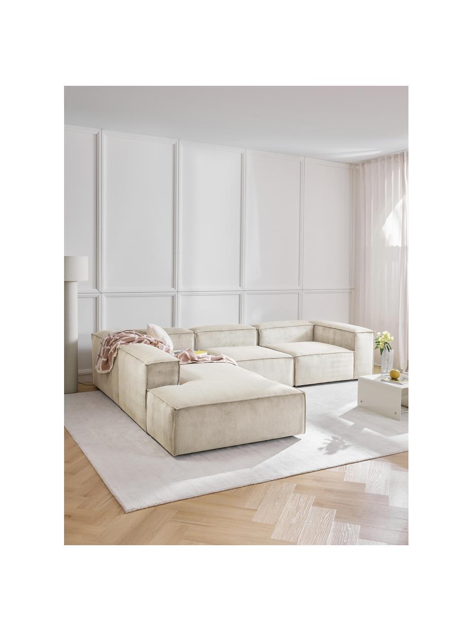 Sofá rinconera modular grande de pana Lennon, Tapizado: pana (92% poliéster, 8% p, Estructura: madera de pino maciza, co, Patas: plástico Este producto es, Pana beige claro, An 329 x F 269 cm, chaise longue izquierda