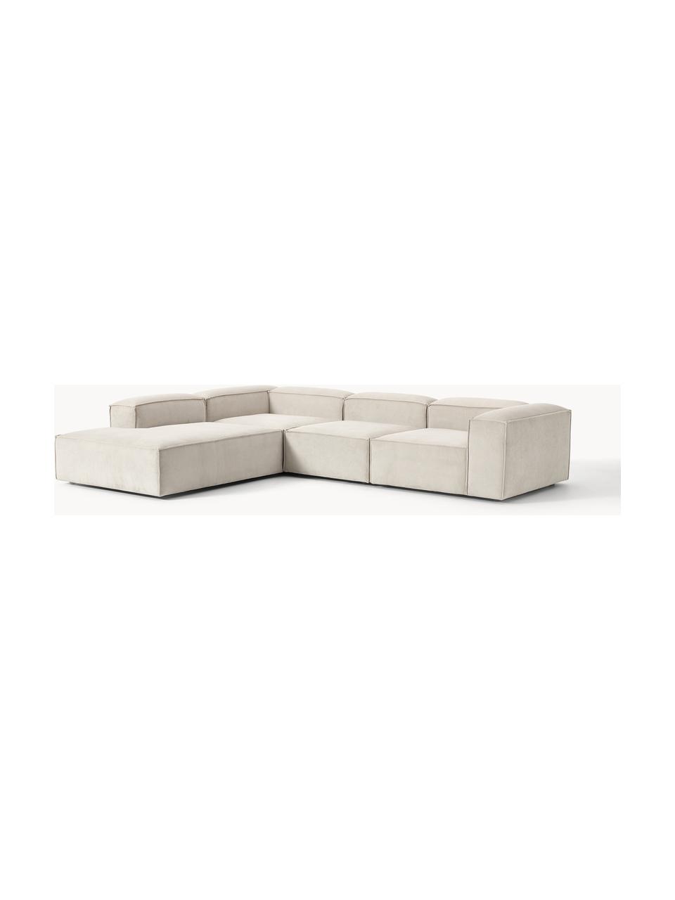 Sofá rinconera modular grande de pana Lennon, Tapizado: pana (92% poliéster, 8% p, Estructura: madera de pino maciza, co, Patas: plástico Este producto es, Pana beige claro, An 329 x F 269 cm, chaise longue izquierda