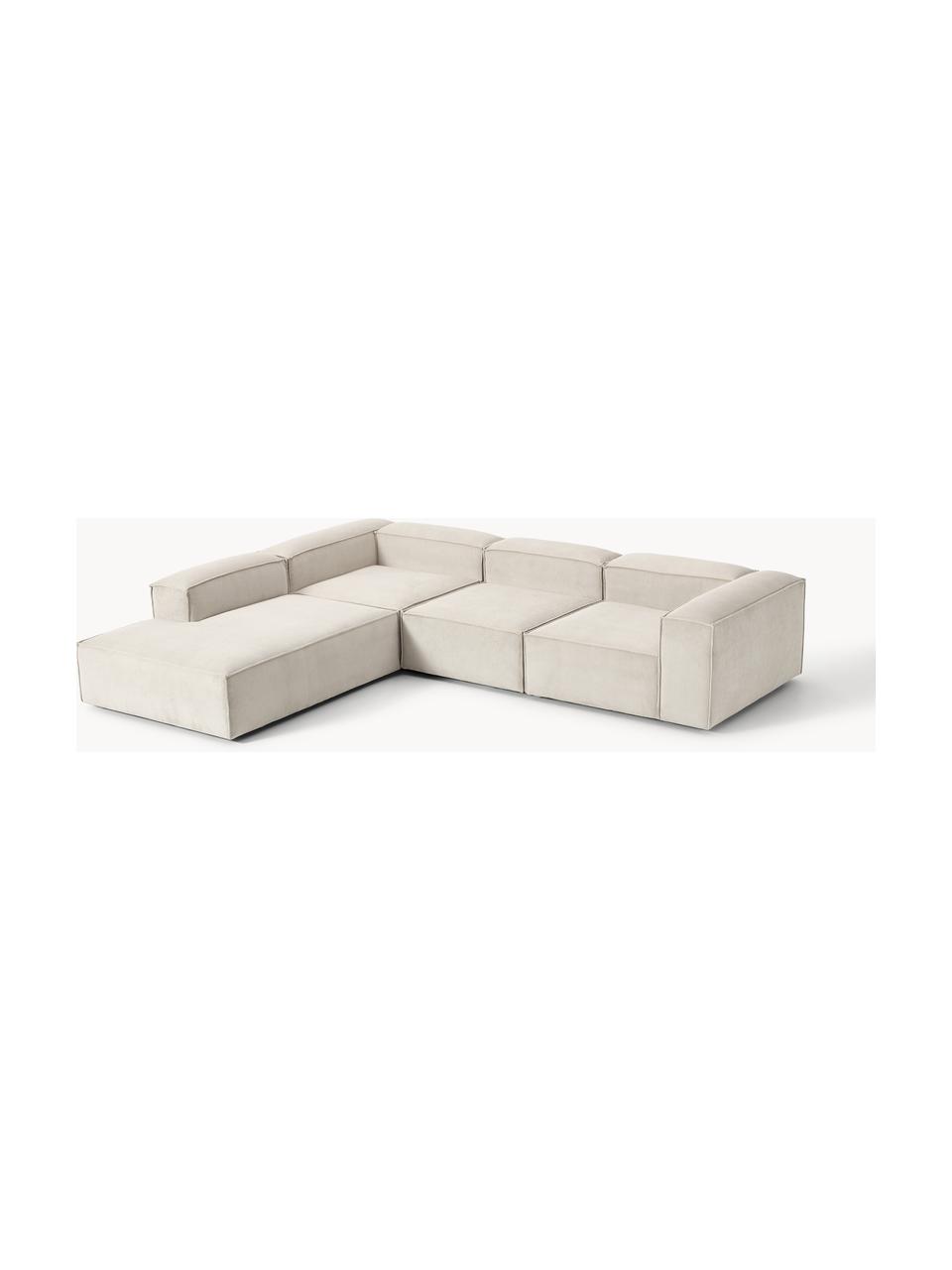 Sofá rinconera modular grande de pana Lennon, Tapizado: pana (92% poliéster, 8% p, Estructura: madera de pino maciza, co, Patas: plástico Este producto es, Pana beige claro, An 329 x F 269 cm, chaise longue izquierda