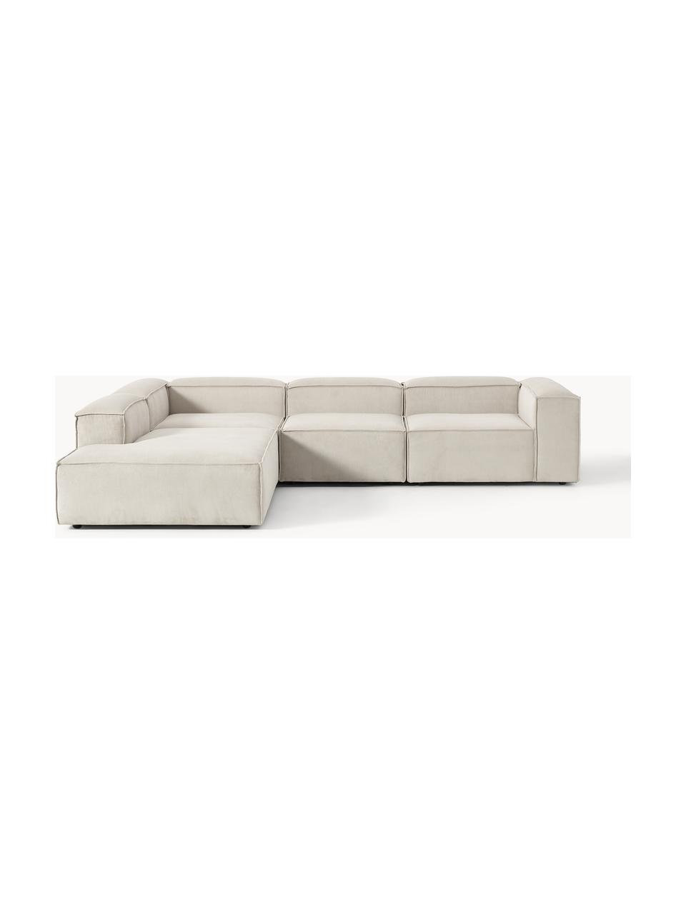 Sofá rinconera modular grande de pana Lennon, Tapizado: pana (92% poliéster, 8% p, Estructura: madera de pino maciza, ma, Patas: plástico Este producto es, Pana beige claro, An 329 x F 269 cm, chaise longue izquierda