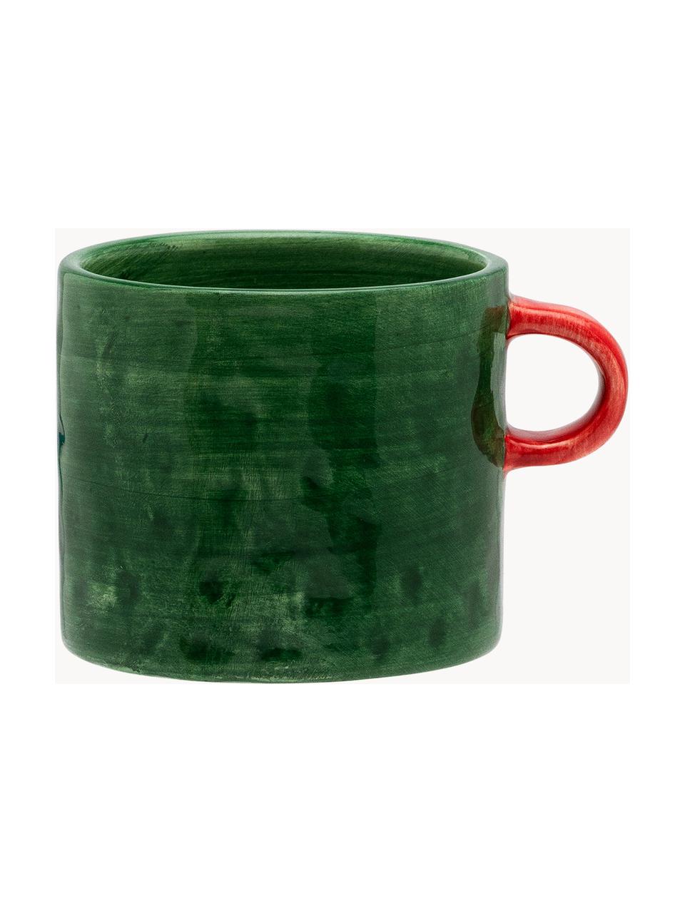 Taza artesanal Enchanted, Cerámica, Verde oscuro, rojo coral, Ø 10 x Al 9 cm, 500 ml