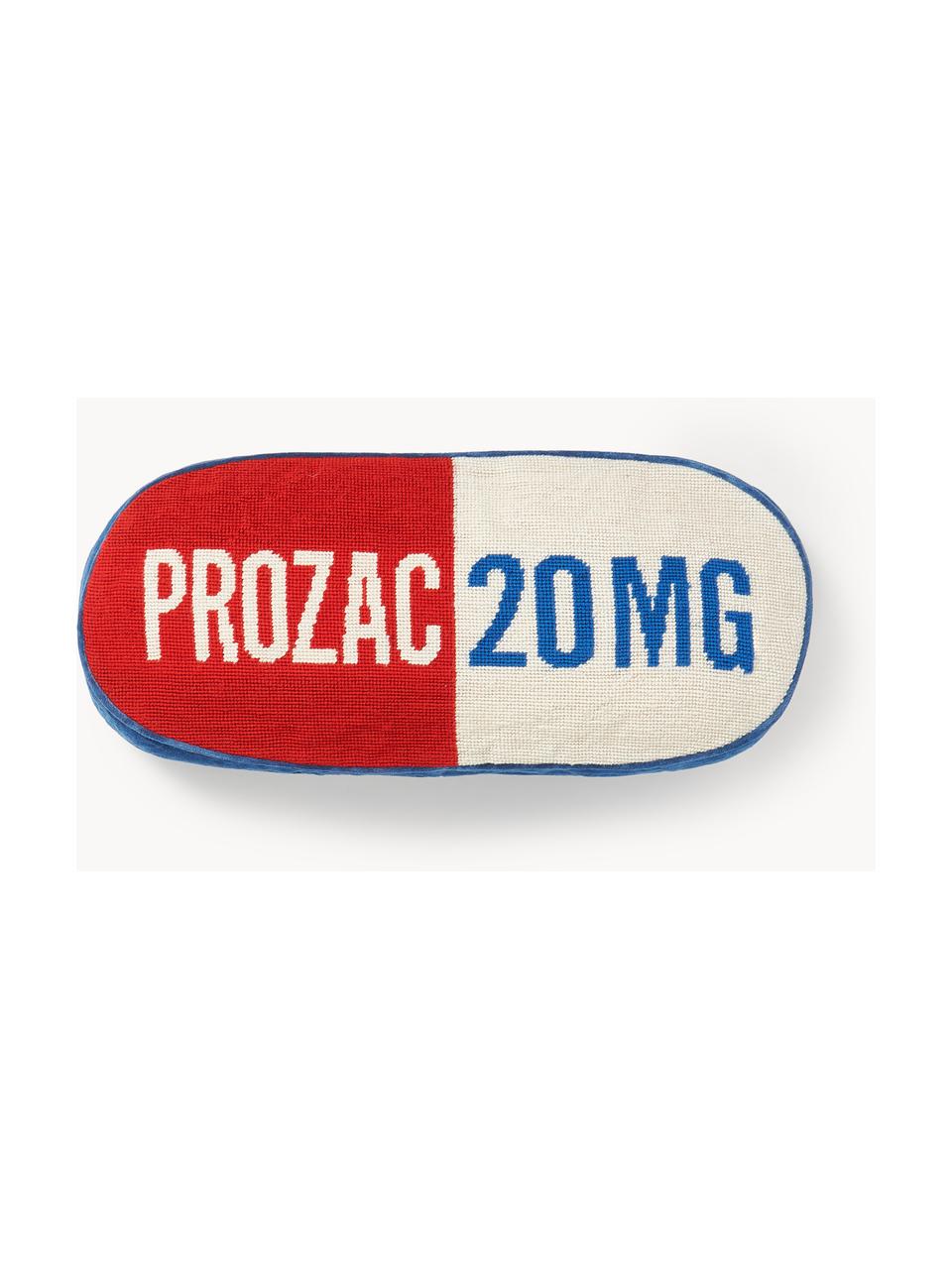 Ručne vyrobený vlnený dekoračný vankúš Prozac, Lomená biela, modrá, červená, Š 23 x D 51 cm