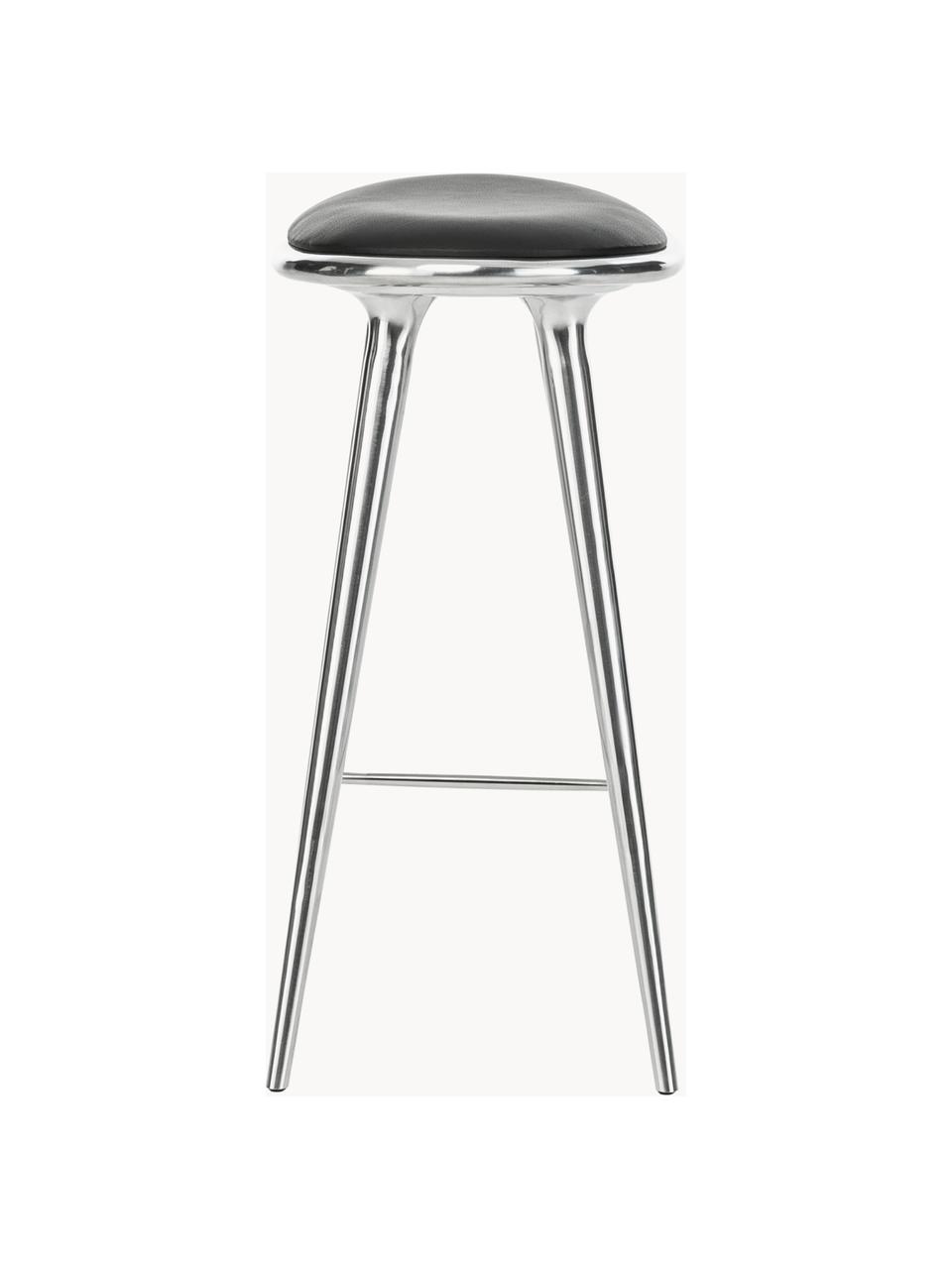 Barhocker High Stool aus Aluminium und Leder, Beine: Aluminium, beschichtet, Sitzfläche: Leder, Silberfarben, Leder Schwarz, B 45 x H 69 cm