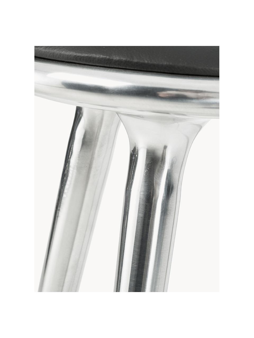 Barhocker High Stool, Beine: Aluminium, beschichtet, Sitzfläche: Leder, Leder Schwarz, Silberfarben glänzend, B 45 x H 69 cm