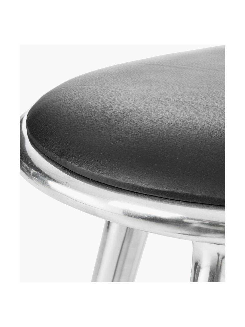 Barhocker High Stool aus Aluminium und Leder, Beine: Aluminium, beschichtet, Sitzfläche: Leder, Silberfarben, Leder Schwarz, B 45 x H 69 cm