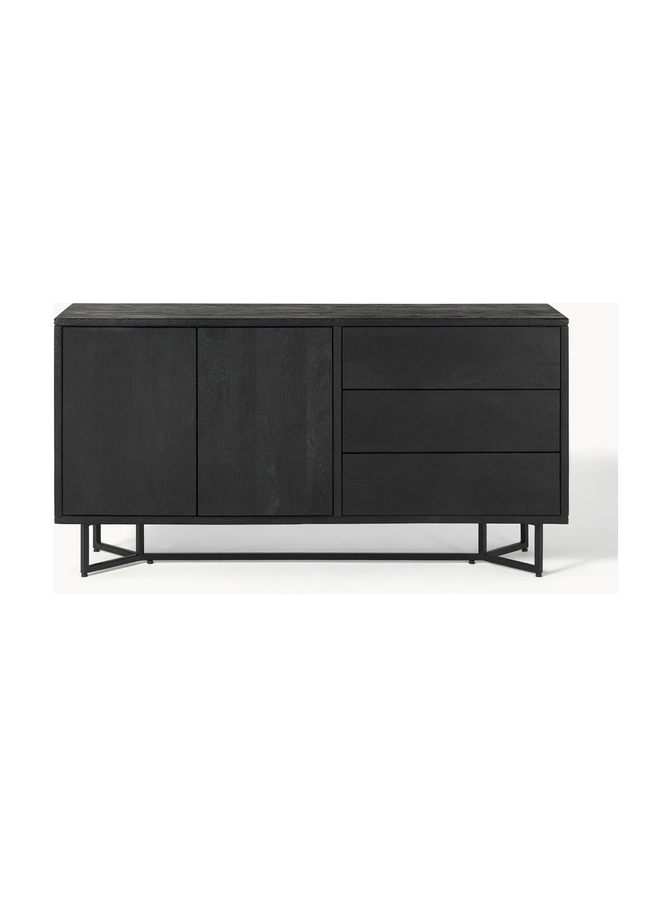 Aparador de madera maciza con puertas y cajones Luca, Estructura: madera de mango maciza ce, Patas: metal recubierto, Madera de mango, negro pintado, An 160 x Al 80 cm