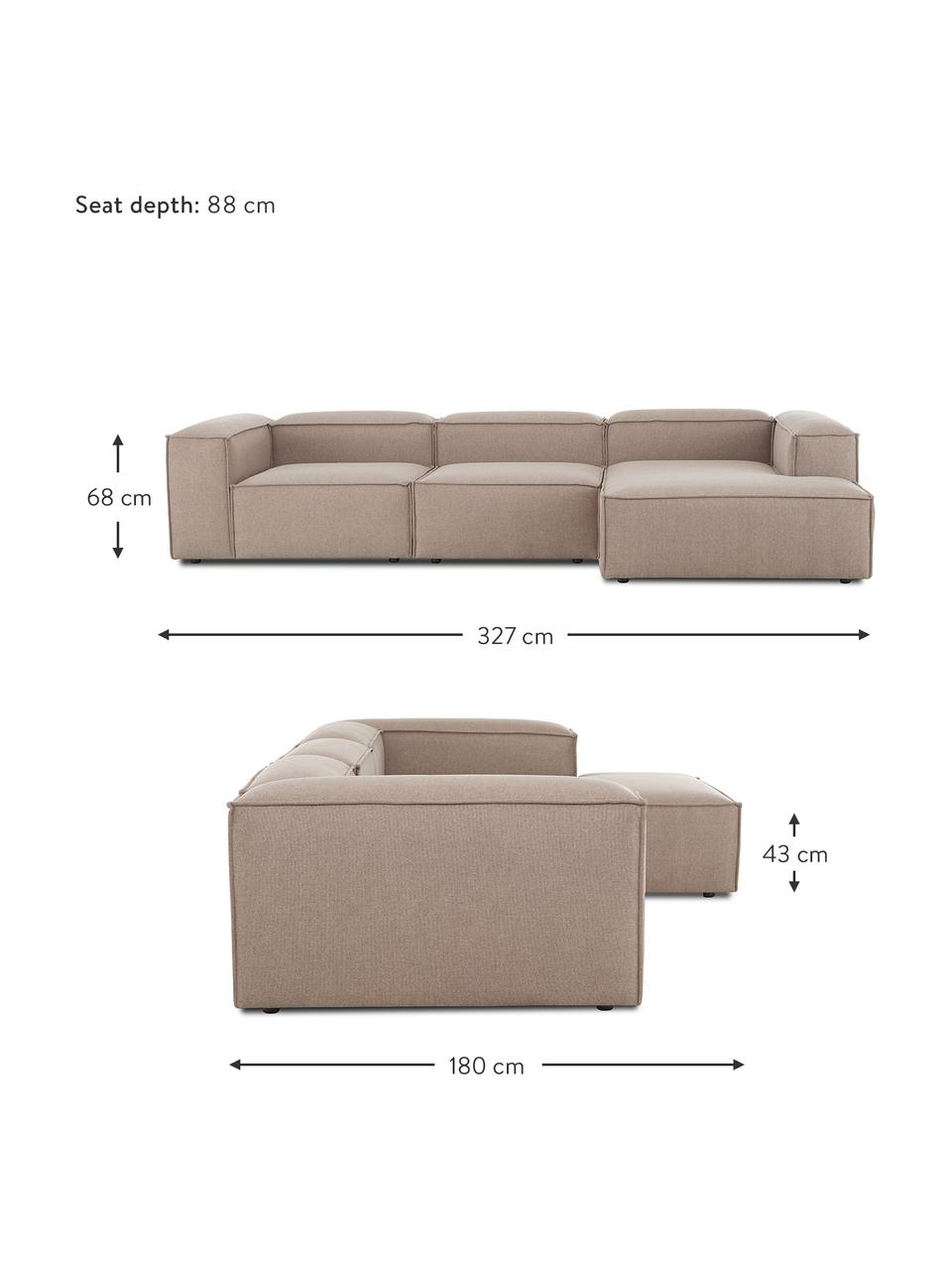 Divano angolare componibile Lennon, Rivestimento: 100% poliestere Con 115.0, Struttura: legno di pino massiccio, , Piedini: plastica, Tessuto marrone, Larg. 327 x Prof. 180 cm, chaise-longue a sinistra