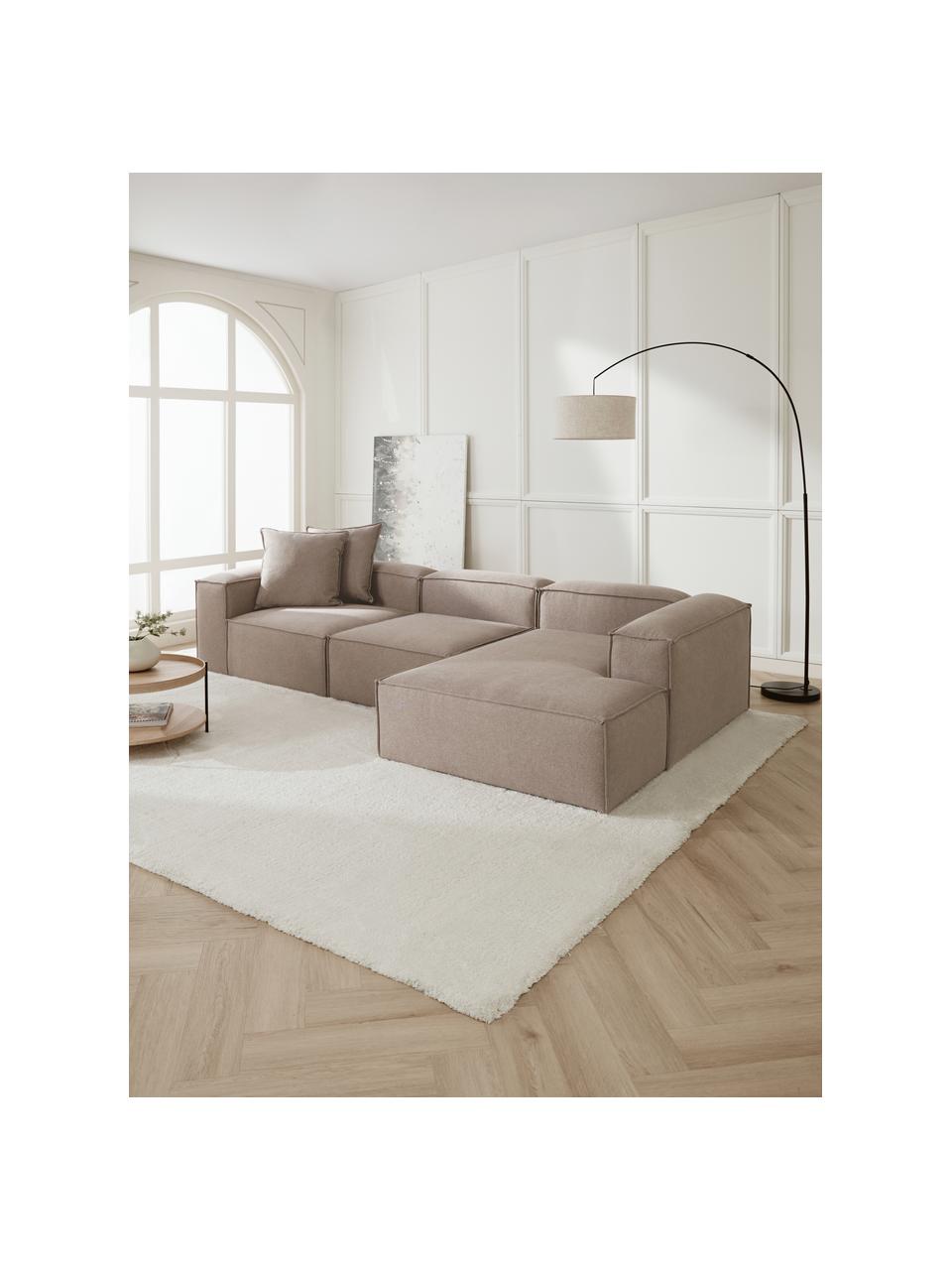 Canapé d'angle modulable Lennon, Tissu brun, larg. 327 x prof. 180 cm, méridienne à droite