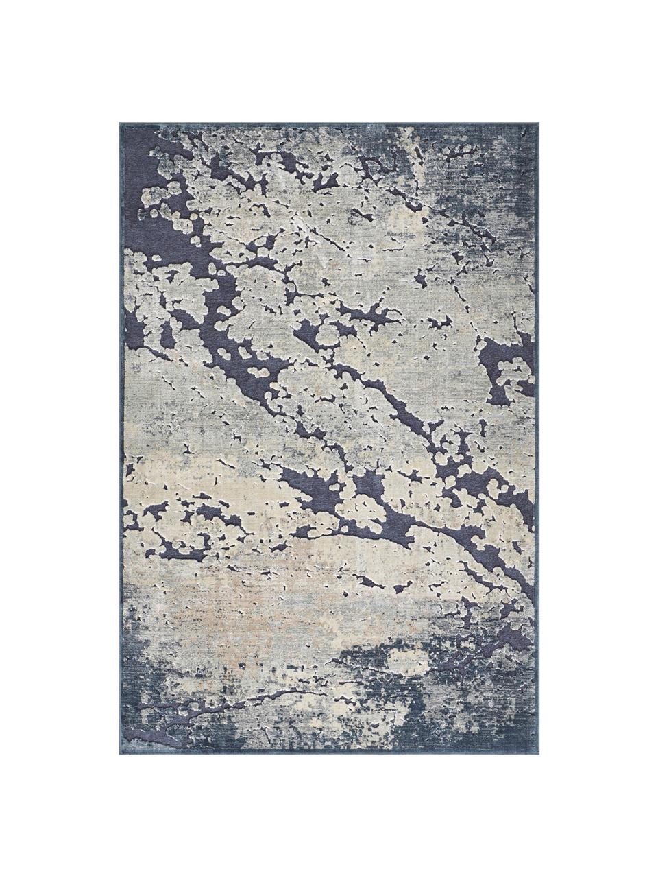 Tapis en viscose à effet relief Arroux, Bleu foncé, beige