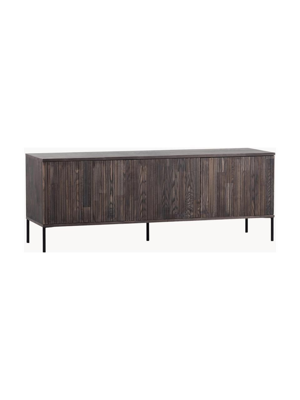 Tv-meubel Avourio van essenhout met geribde voorkant, 3 deuren, Frame: essenhout, Poten: gecoat metaal Dit product, Essenhout, donker, B 150 cm x H 56 cm