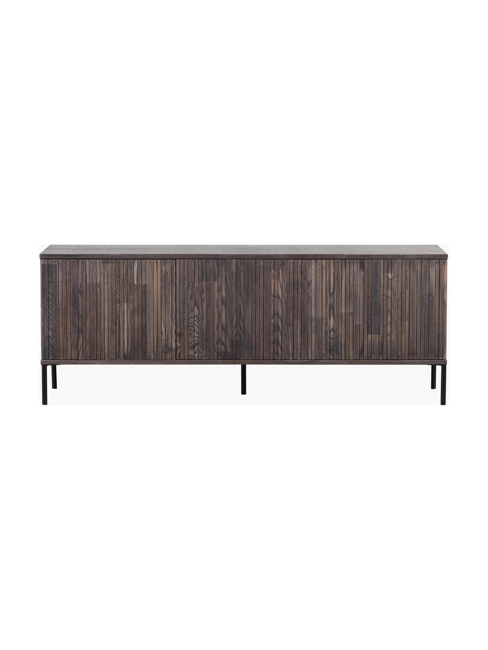 Tv-meubel Avourio van essenhout met geribde voorkant, 3 deuren, Frame: essenhout, Poten: gecoat metaal Dit product, Essenhout, donker, B 150 cm x H 56 cm