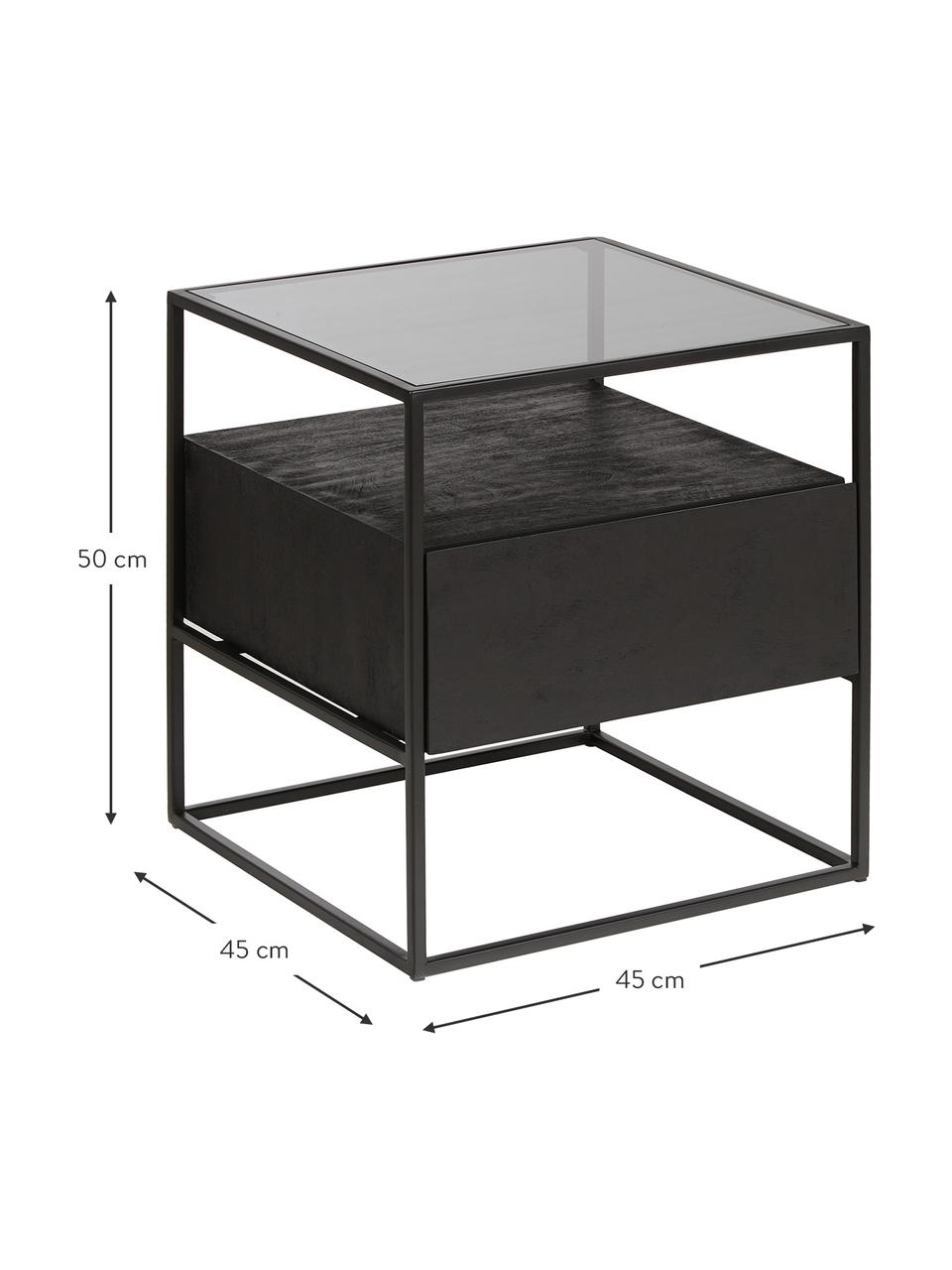 Nachttisch Theodor mit Schublade, Tischplatte: Glas, Gestell: Metall, pulverbeschichtet, Schwarz, B 45 x H 50 cm