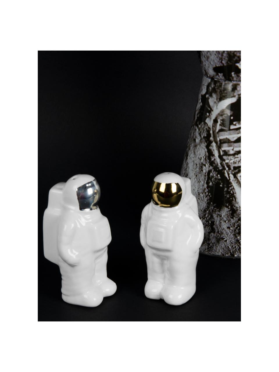 Salz- und Pfefferstreuer Astronaut aus Porzellan in Gold/Silber, 2er-Set, Porzellan, Weiß, Silberfarben, Goldfarben, 6 x 9 cm