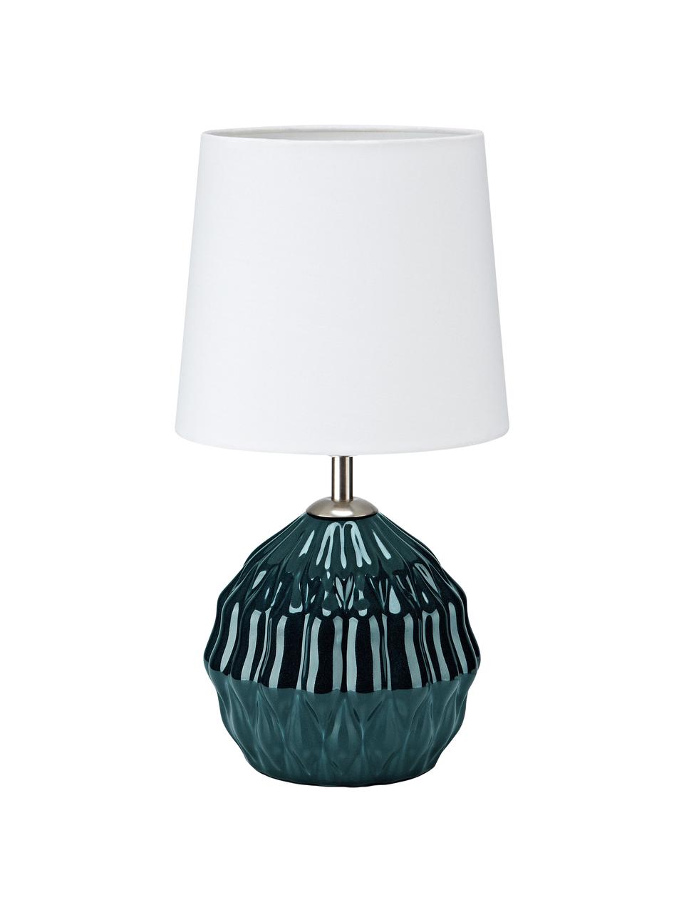 Keramische tafellamp Lora, Lampenkap: textiel, Lampvoet: keramiek, gecoat, Decoratie: metaal, Wit, donkergroen, Ø 19 x H 35 cm