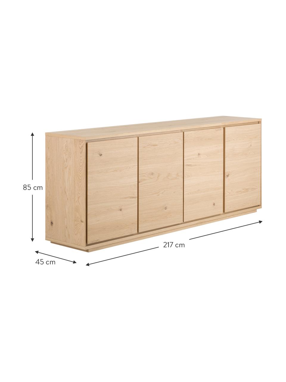 Credenza con finitura in quercia Finn, Superficie: impiallacciatura in legno, Retro: truciolato impiallacciato, Legno di quercia, Larg. 217 x Alt. 85 cm