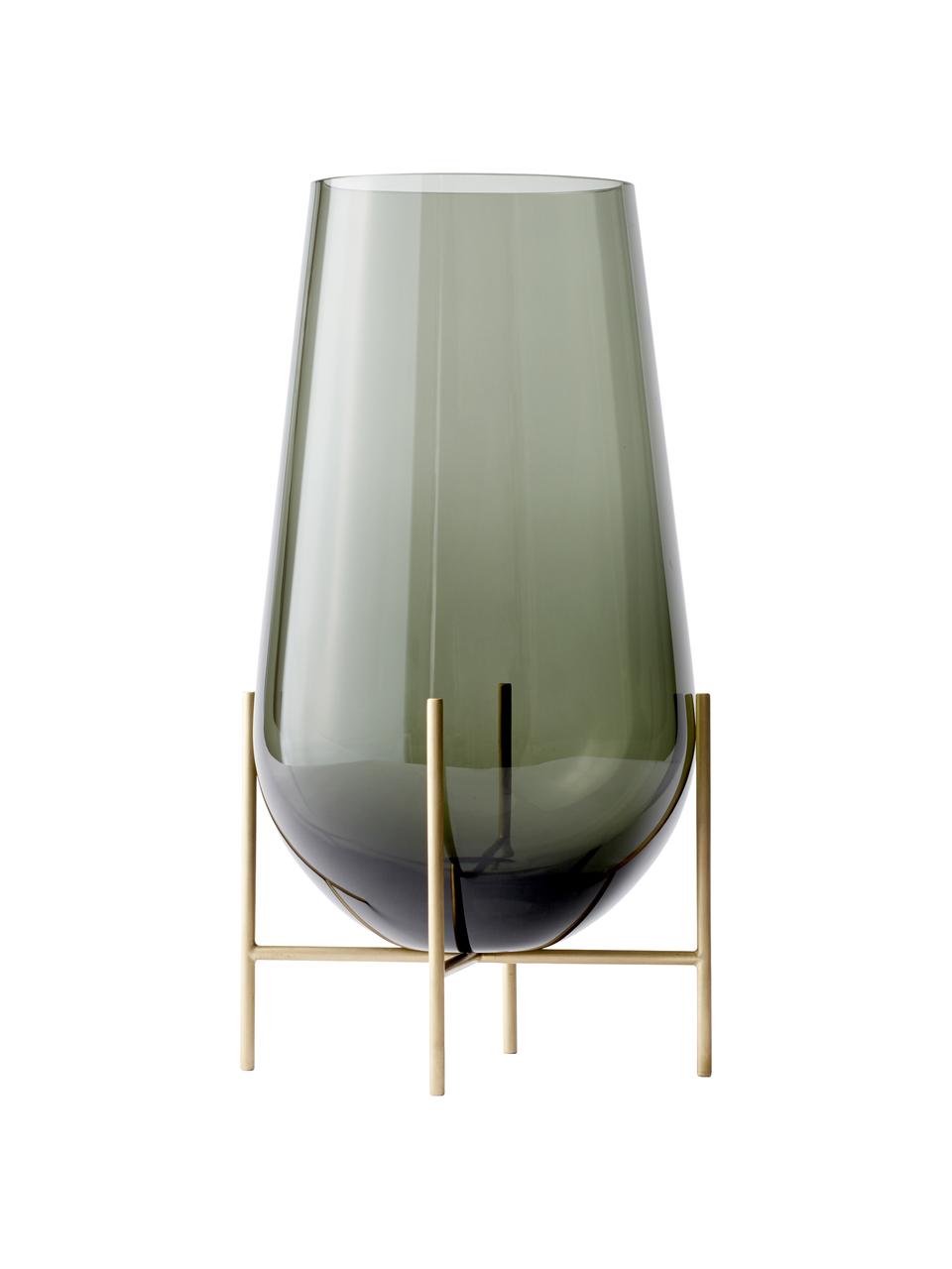Jarrón de suelo soplado artesanalmente Échasse, Estructura: latón, Jarrón: vidrio soplado artesanalm, Verde transparente, Ø 20 x Al 60 cm