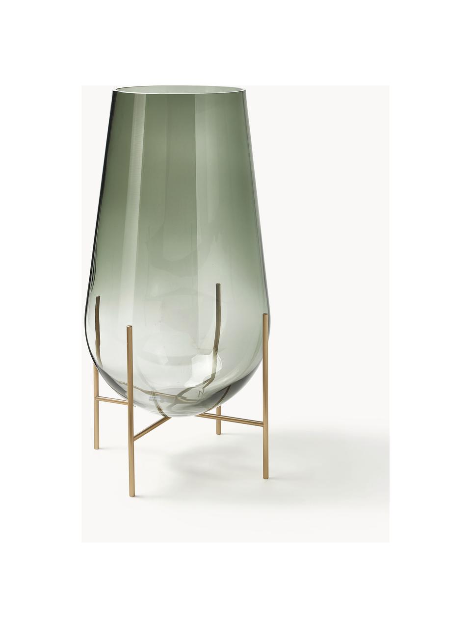 Vaso da terra in vetro soffiato Echasse, alt. 60 cm, Struttura: ottone, Vaso: vetro soffiato, Verde oliva trasparente, Ø 20 x Alt. 60 cm