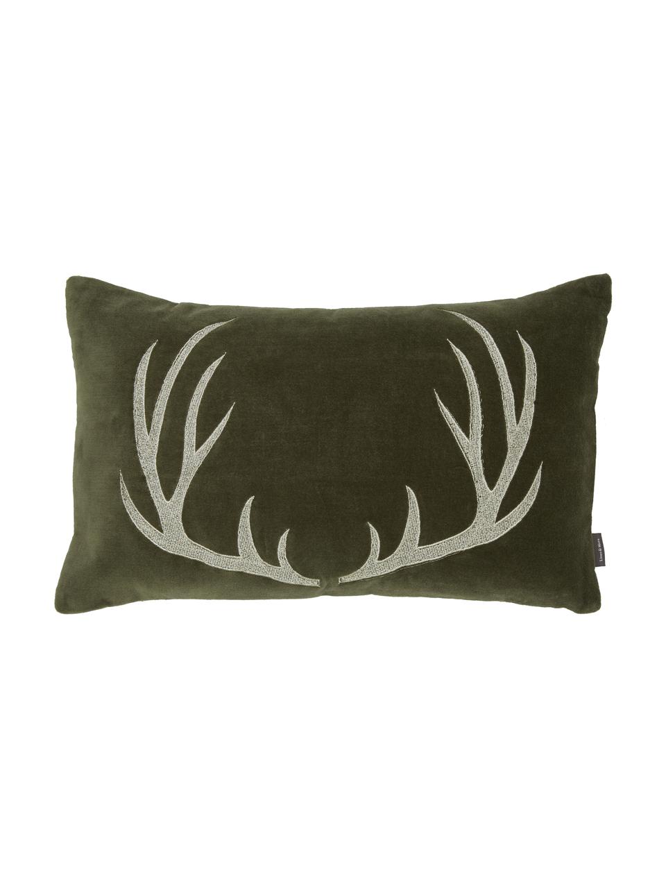 Fluwelen kussen Embroidered Antler met hert motief in olijfgroen, Olijfgroen, wit, B 30 x L 50 cm