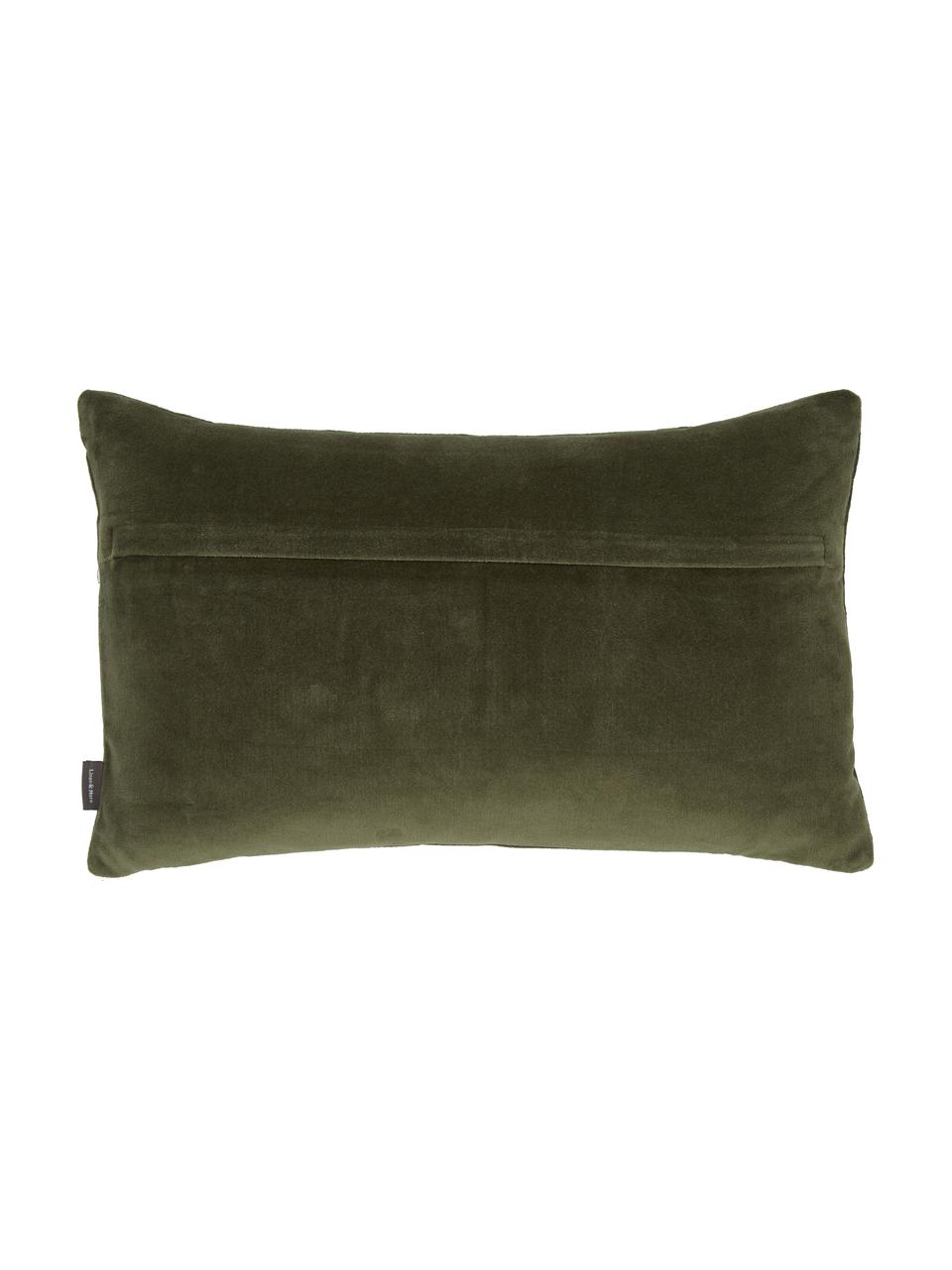 Cuscino in velluto verde oliva ricamato con motivo cervo Embroidered Antler, Rivestimento: 100% velluto di cotone, Verde oliva, bianco, Larg. 30 x Lung. 50 cm