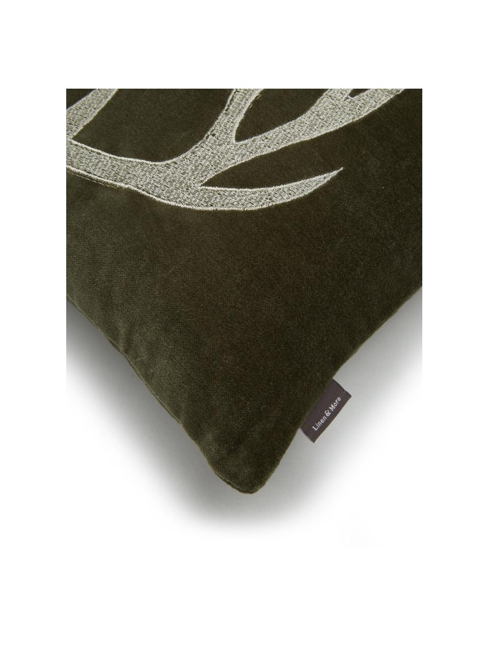 Fluwelen kussen Embroidered Antler met hert motief in olijfgroen, Olijfgroen, wit, B 30 x L 50 cm