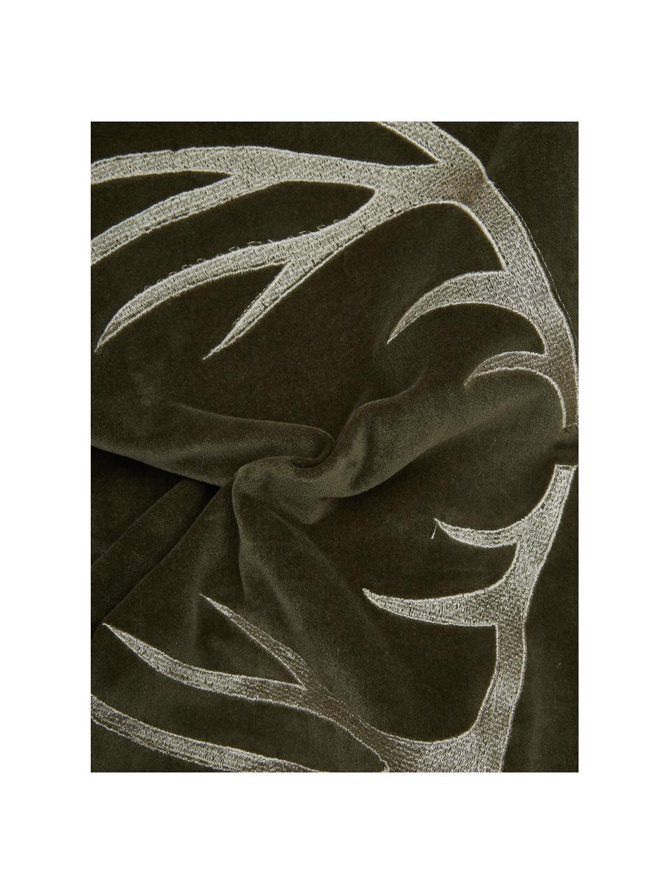 Samt-Kissen Embroidered Antler mit Hirsch-Motiv in Olivegrün, Bezug: 100% Baumwollsamt, Olivegrün, Weiss, B 30 x L 50 cm