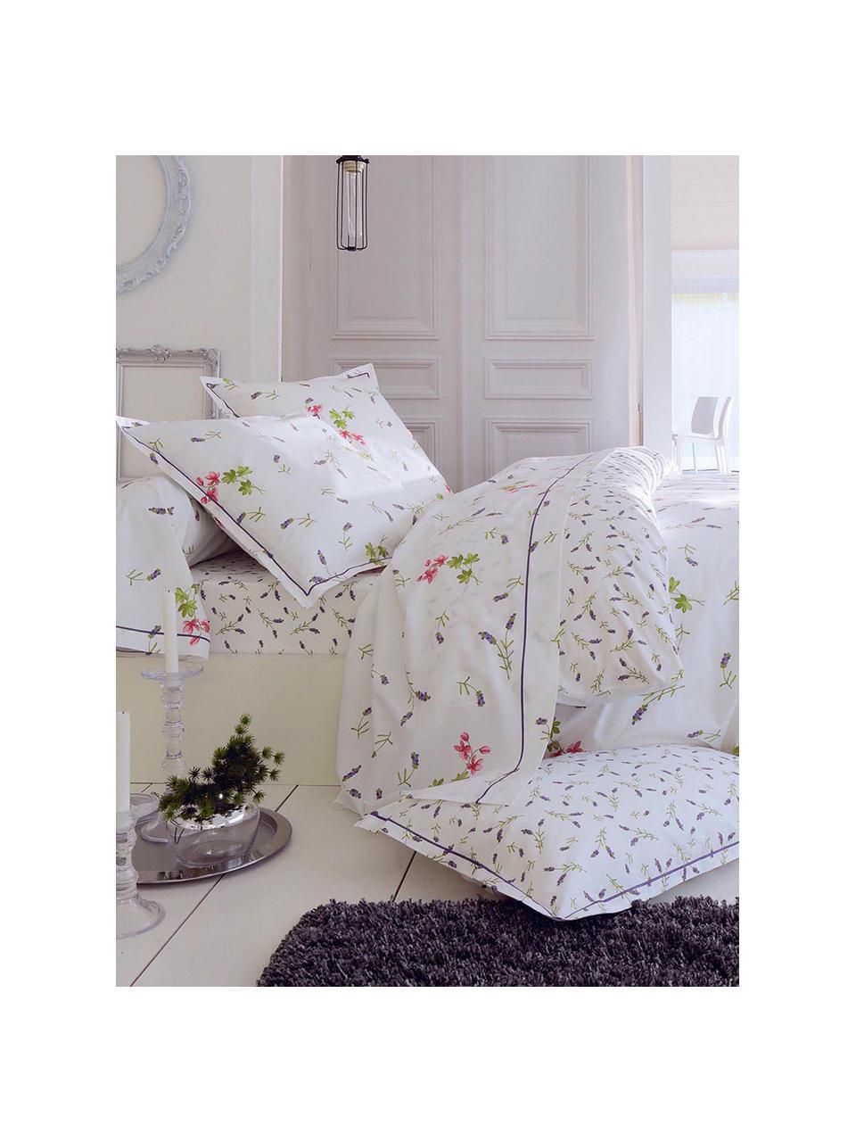 Housse de couette réversible en satin de coton Songe, Blanc, vert, lilas, rose vif