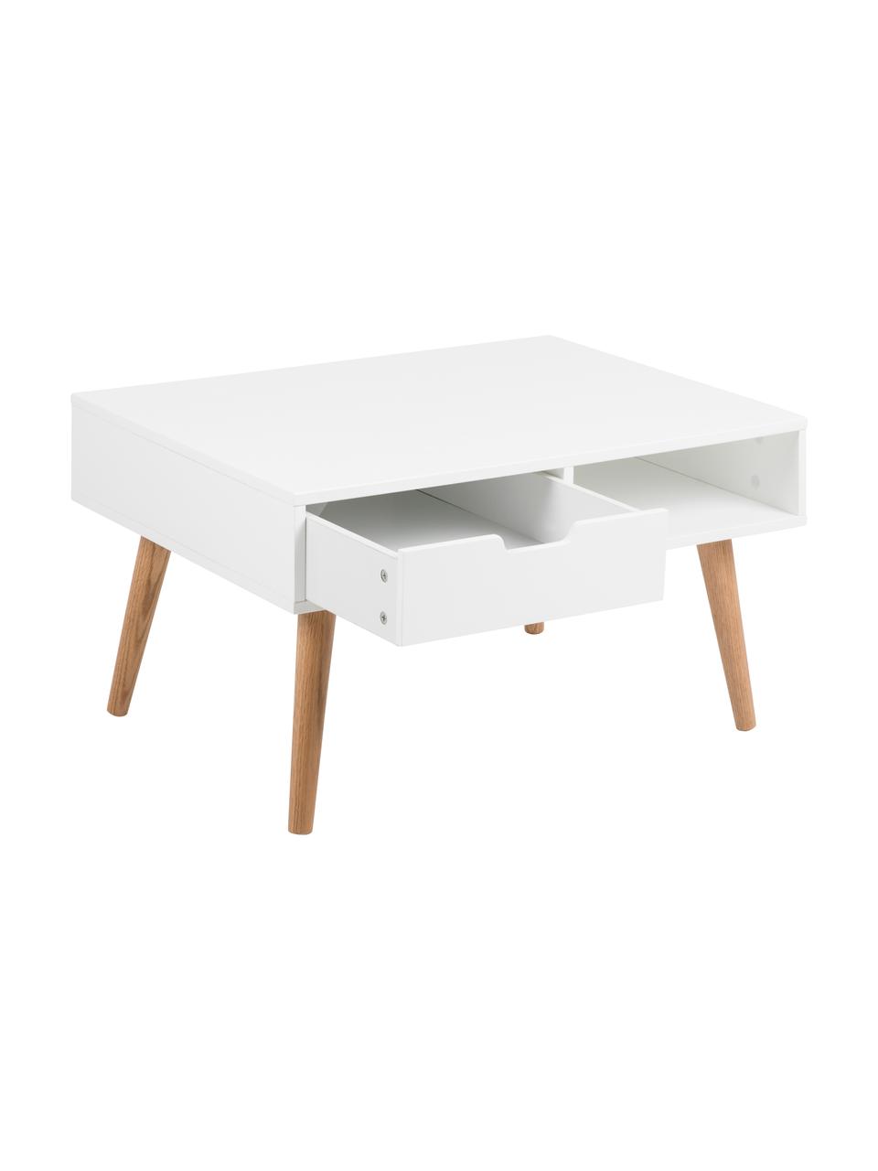 Salontafel Mitra met lades in scandi design, Tafelblad: gelakt MDF, Poten: geolied eikenhout, Tafelblad: mat wit. Poten: eikenhout, 80 x 46 cm