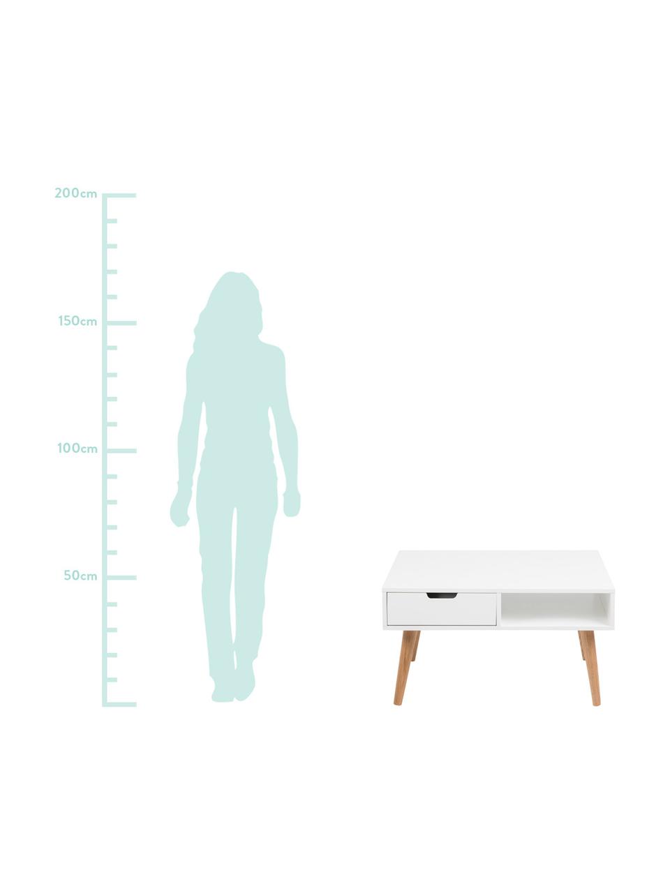 Couchtisch Mitra mit Schublade im Skandi Design, Tischplatte: Mitteldichte Faserplatte , Beine: Eichenholz, geölt, Tischplatte: Weiß, matt<br>Beine: Eiche, 80 x 46 cm