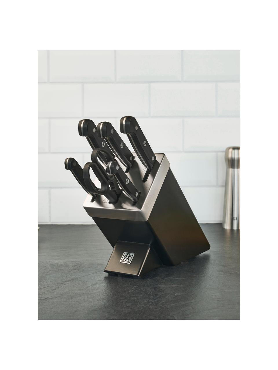 Selbstschärfender Messerblock Gourmet mit 5 Messern und 1 Schere, Messer: Edelstahl, Griff: Kunststoff, Schwarz, Set mit verschiedenen Größen