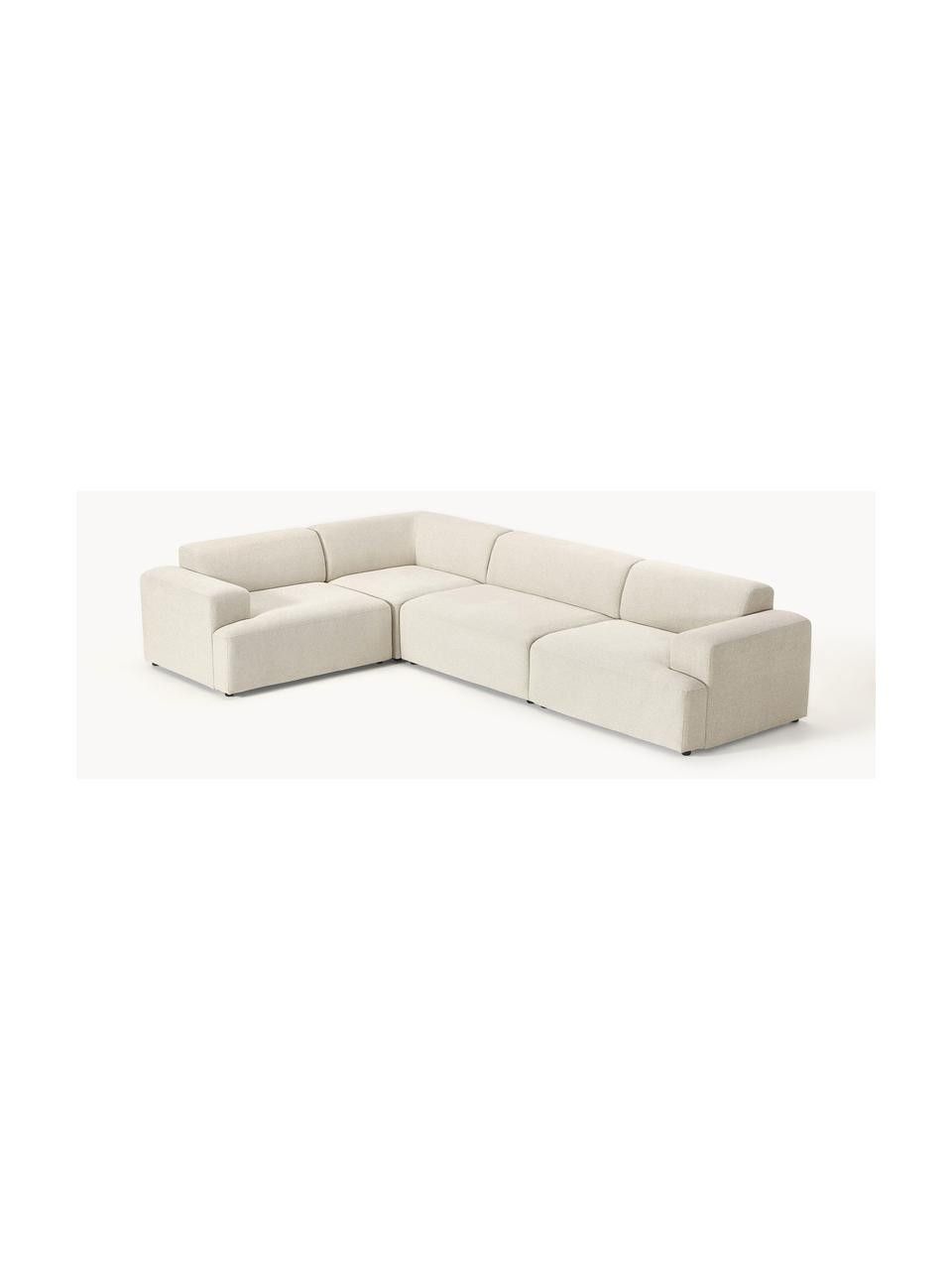 Großes Ecksofa Melva (4-Sitzer), Bezug: 100 % Polyester Der strap, Gestell: Massives Kiefern- und Fic, Füße: Kunststoff Dieses Produkt, Webstoff Hellbeige, B 339 x T 220 cm, Eckteil links