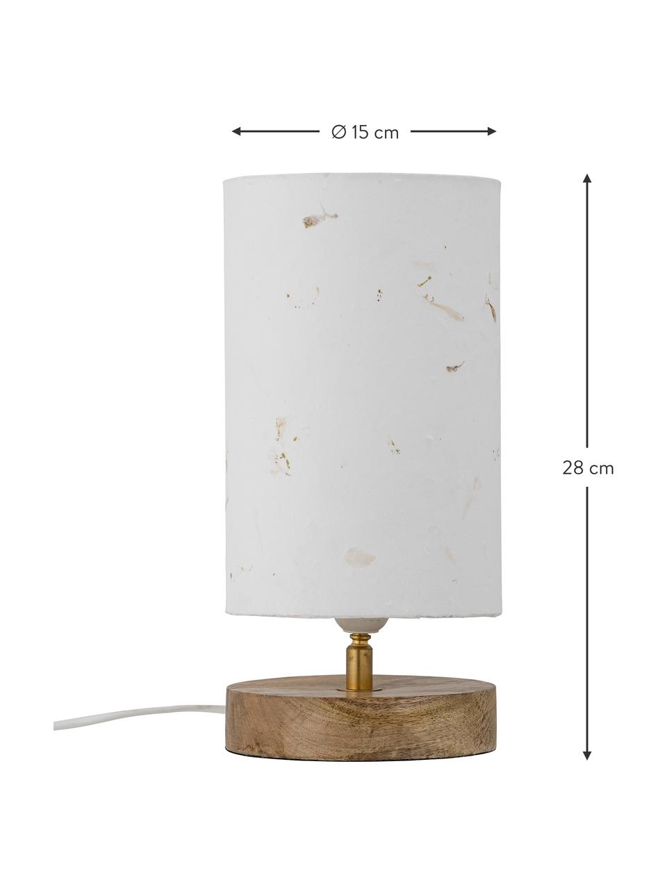 Kleine tafellamp Phu, Lampenkap: papierstof, Lampvoet: mangohout, Decoratie: gecoat metaal, Wit, mangohout, Ø 15 x H 28 cm