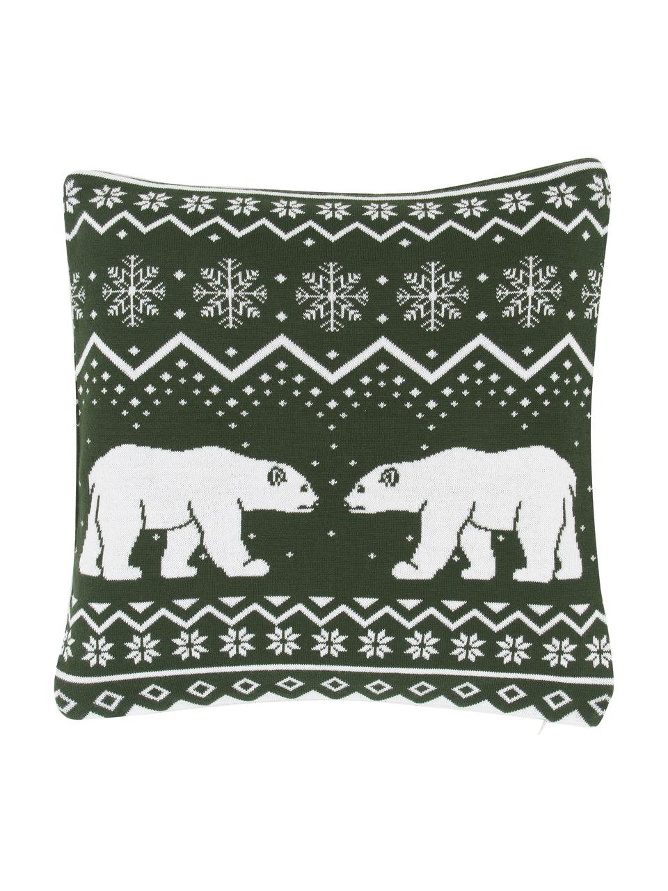 Strick-Kissenhülle Bear, 100% Baumwolle, Dunkelgrün, Weiß, B 40 x L 40 cm