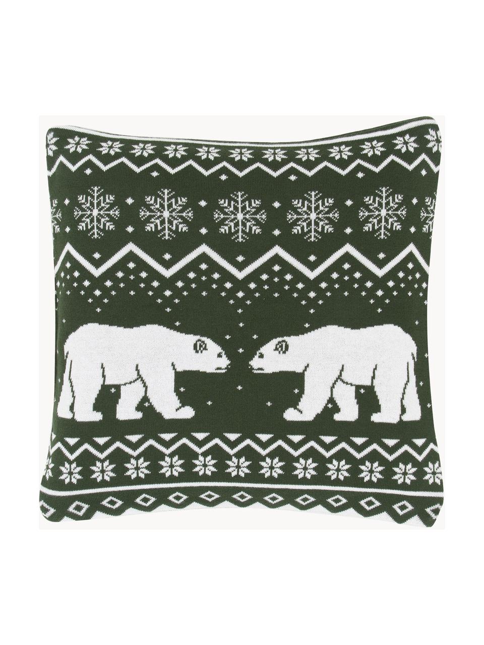 Funda de cojín de punto Bear, 100% algodón, Verde oscuro, blanco, An 40 x L 40 cm