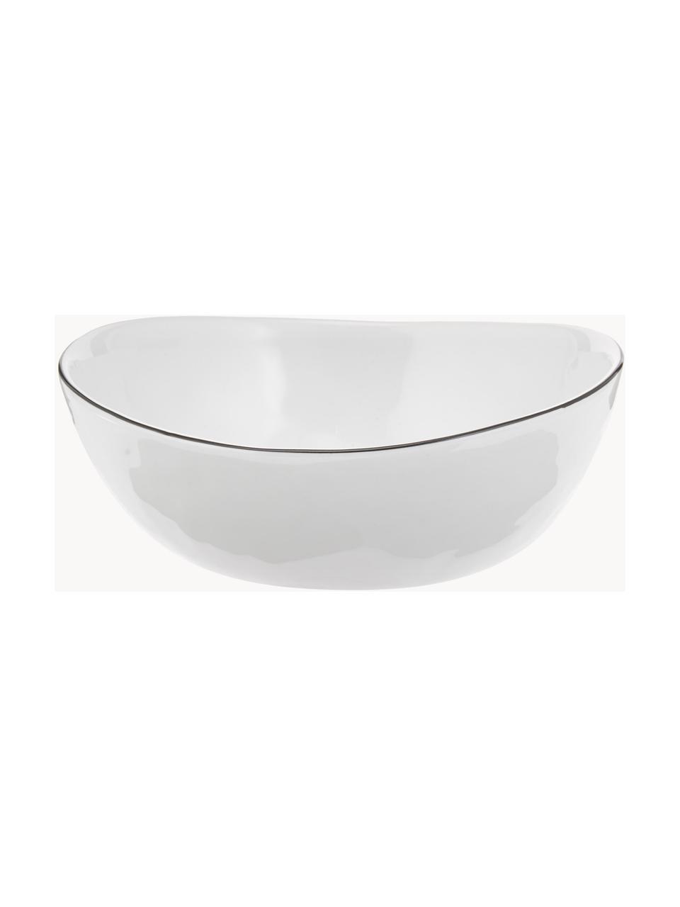 Handgemachte Schalen Salt aus Porzellan, Ø 17 cm, 4 Stück, Porzellan, Gebrochenes Weiß mit schwarzem Rand, B 17 x T 15 cm