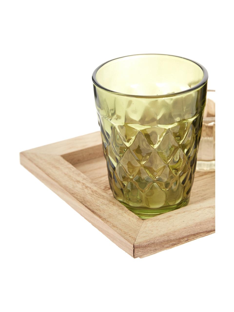 Windlicht-Set Wibke aus Glas, 9er-Set, Tablett: Paulowniaholz, Grüntöne, Helles Holz, B 50 x H 11 cm