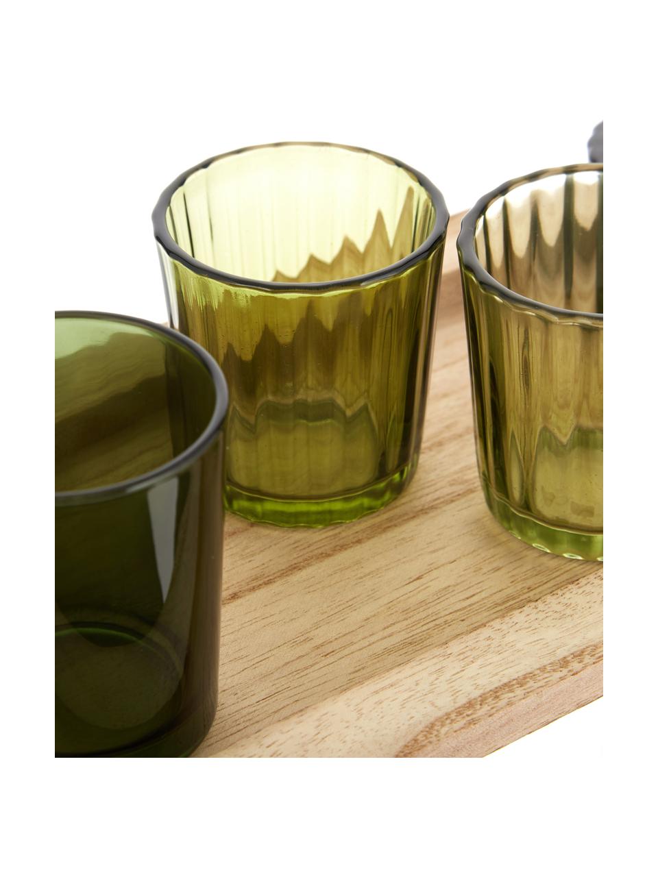 Windlicht-Set Wibke aus Glas, 9er-Set, Tablett: Paulowniaholz, Grüntöne, Helles Holz, B 50 x H 11 cm