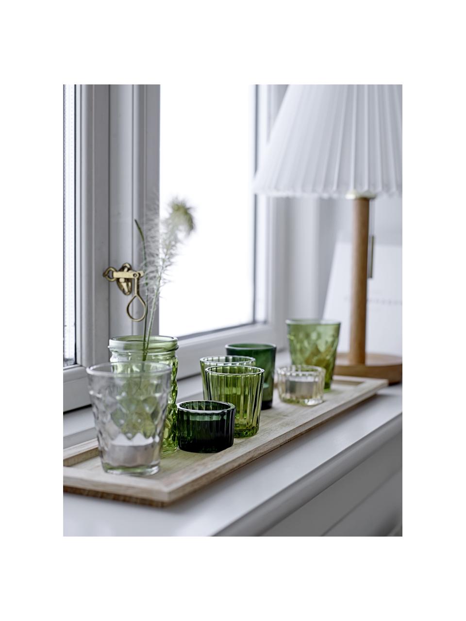 Windlicht-Set Wibke aus Glas, 9er-Set, Tablett: Paulowniaholz, Grüntöne, Helles Holz, B 50 x H 11 cm