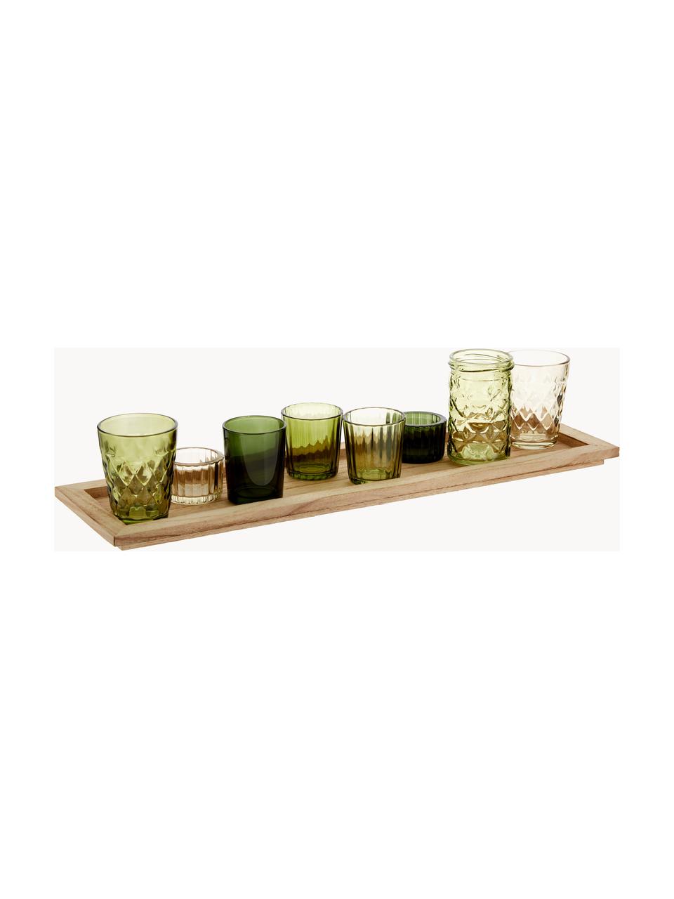 Windlichtenset Wibke van glas, set van 9, Dienblad: paulowniahout, Groentinten, transparant, helder hout, B 50 x H 11 cm