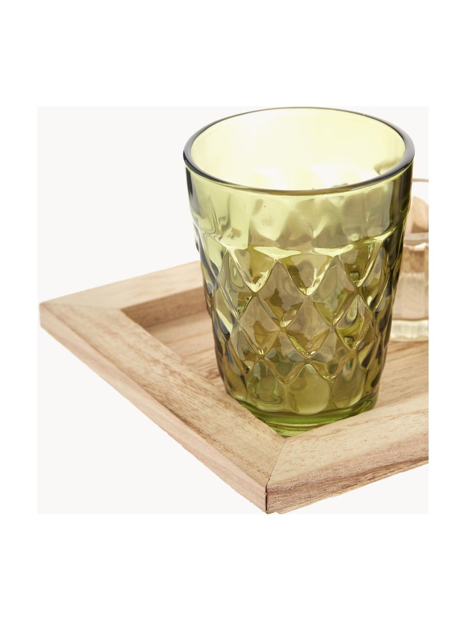 Windlicht-Set Wibke aus Glas, 9er-Set, Tablett: Paulowniaholz, Grüntöne, transparent, Helles Holz, B 50 x H 11 cm