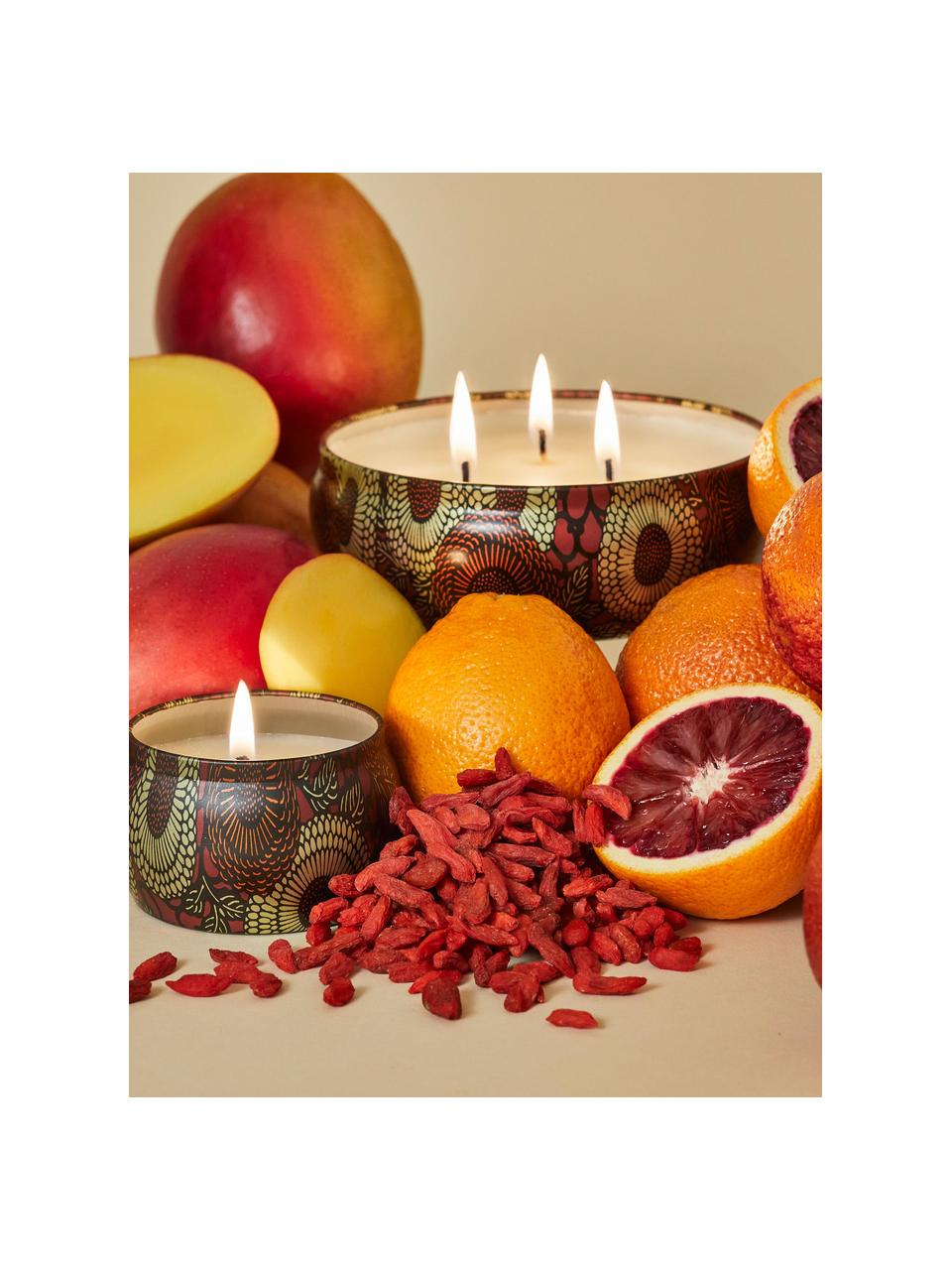 Candela profumata con tre stoppini fatta a mano Japonica Collection (bacche di Goji, mango e arancia tarocco), Contenitore: metallo rivestito, Bacche di Goji, mango maturo e arancia tarocco, Larg. 13 x Alt. 6 cm