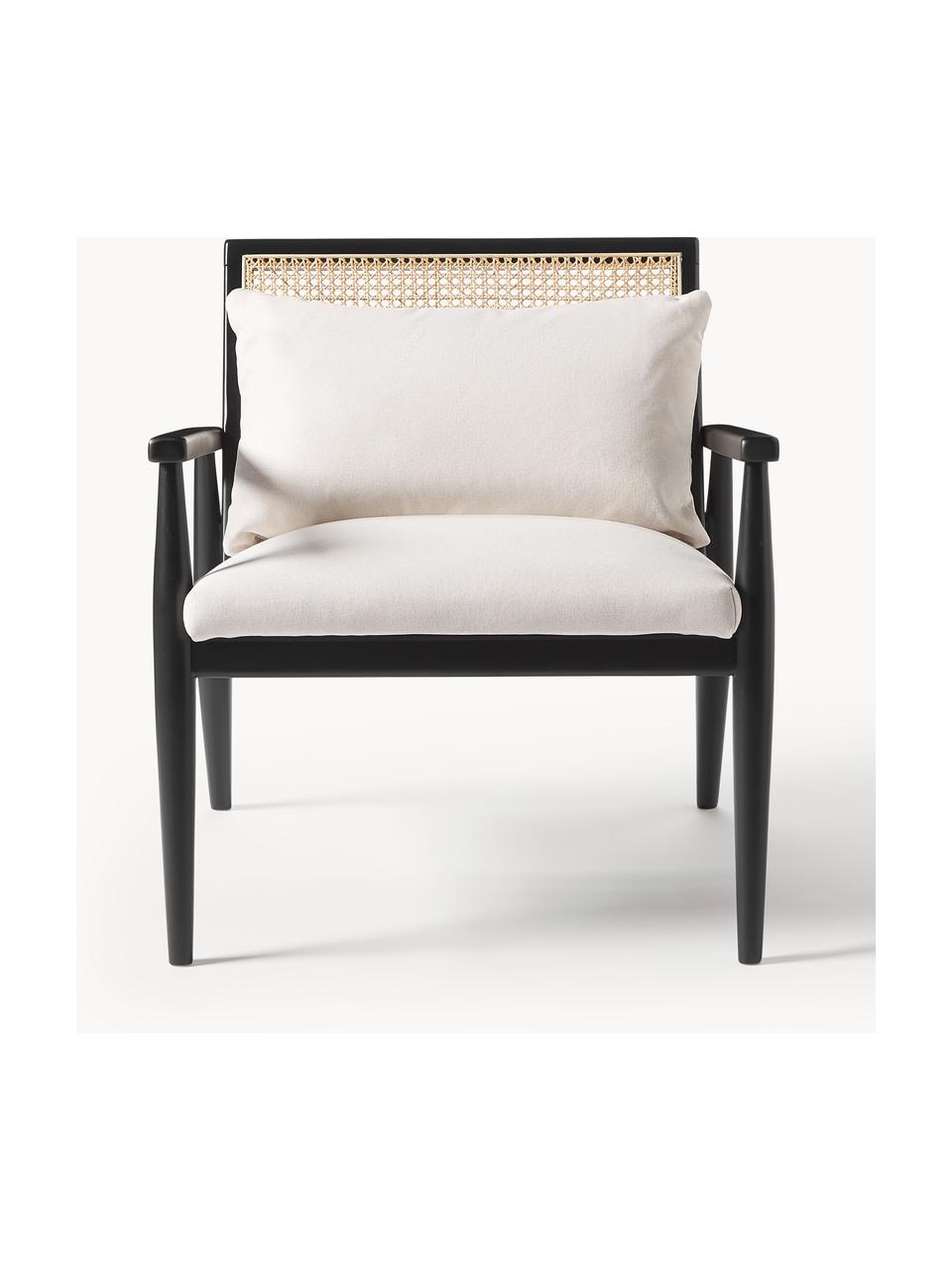 Fauteuil lounge en bois de bouleau massif Manuell, Tissu blanc cassé, cadre noir, larg. 65 x long. 71 cm