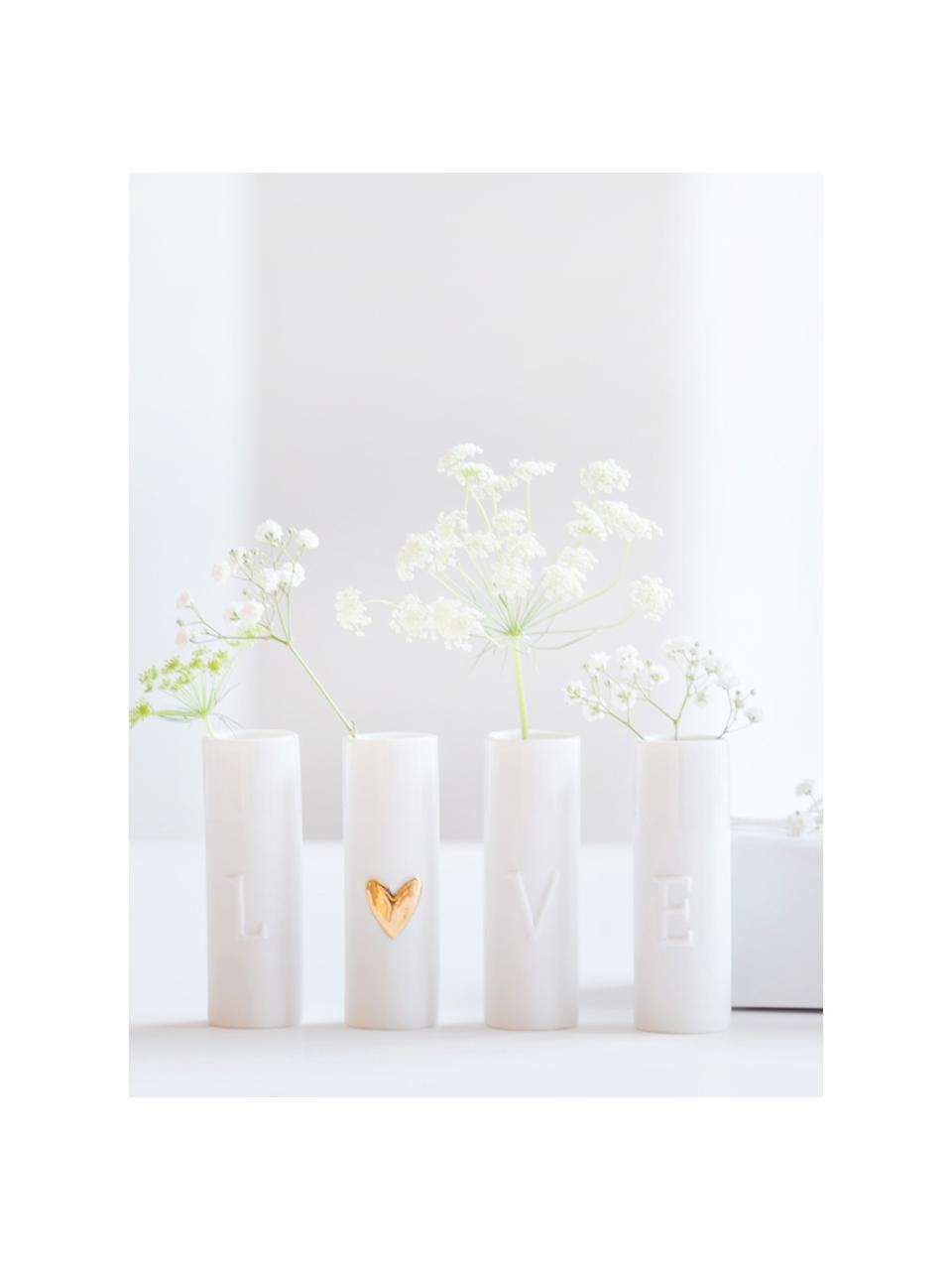 Ensemble de petits vases en porcelaine Heart, 4 élém., Porcelaine, Blanc, couleur dorée, Ø 3 x haut. 9 cm