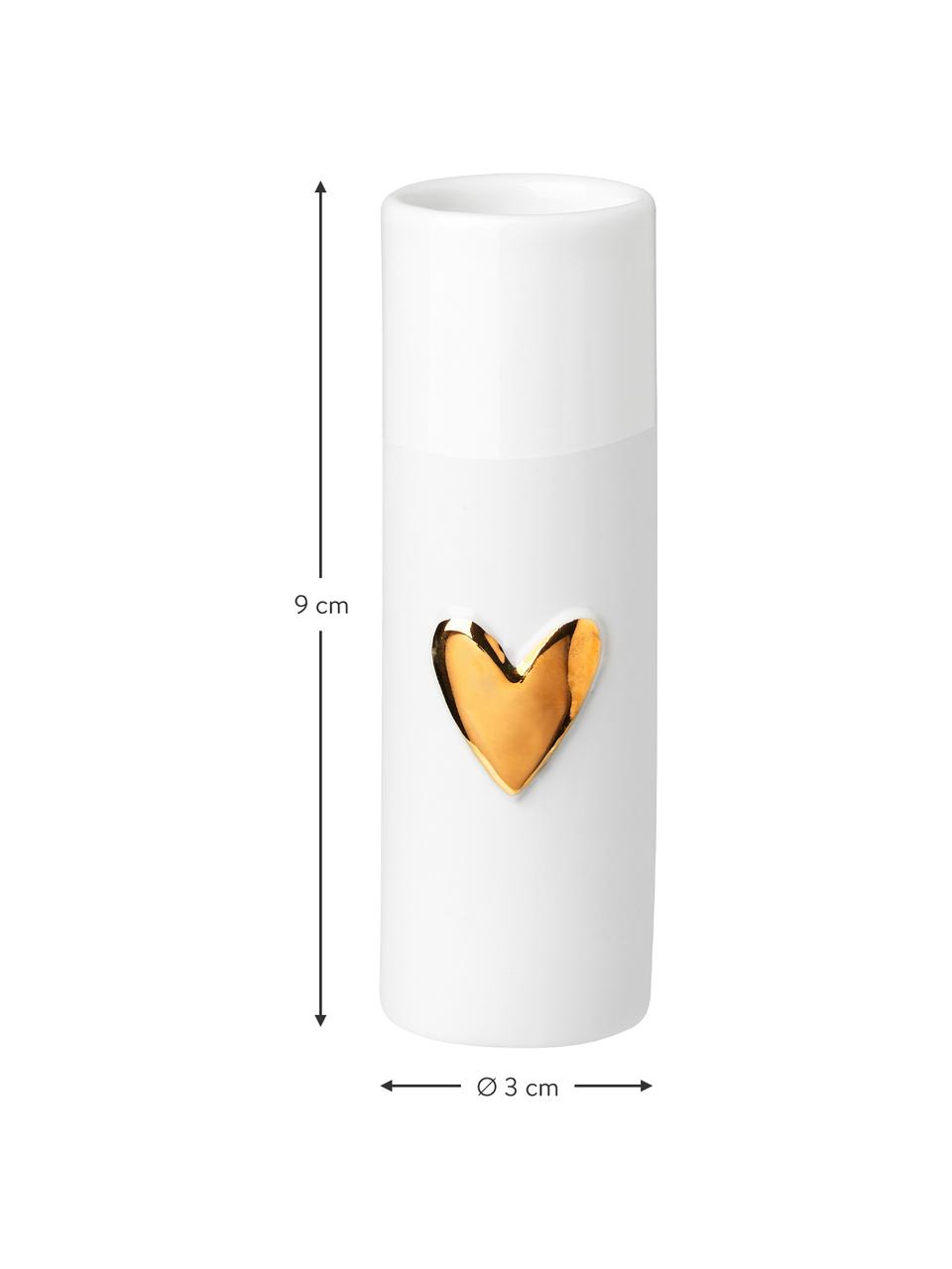 Kleine vazenset Heart van porselein, 4-delig, Porselein, Wit, goudkleurig, Ø 3 x H 9 cm