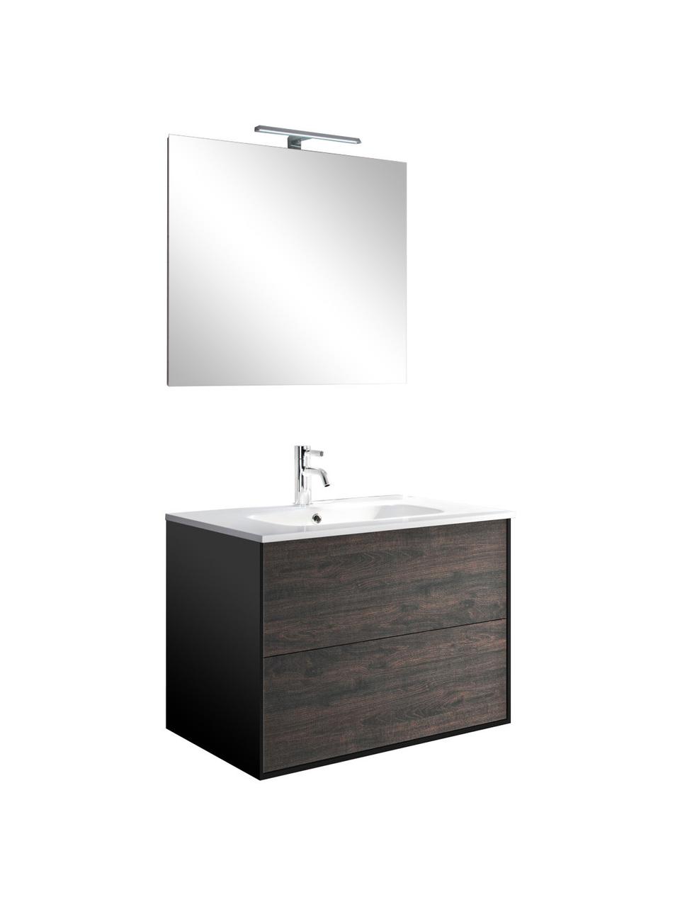 Wastafelset Ago, 4-delig, Lamp: staal, gecoat, Spaanplaat met zwarte, donkerbruine melamineharsfolie, B 61 x H 190 cm