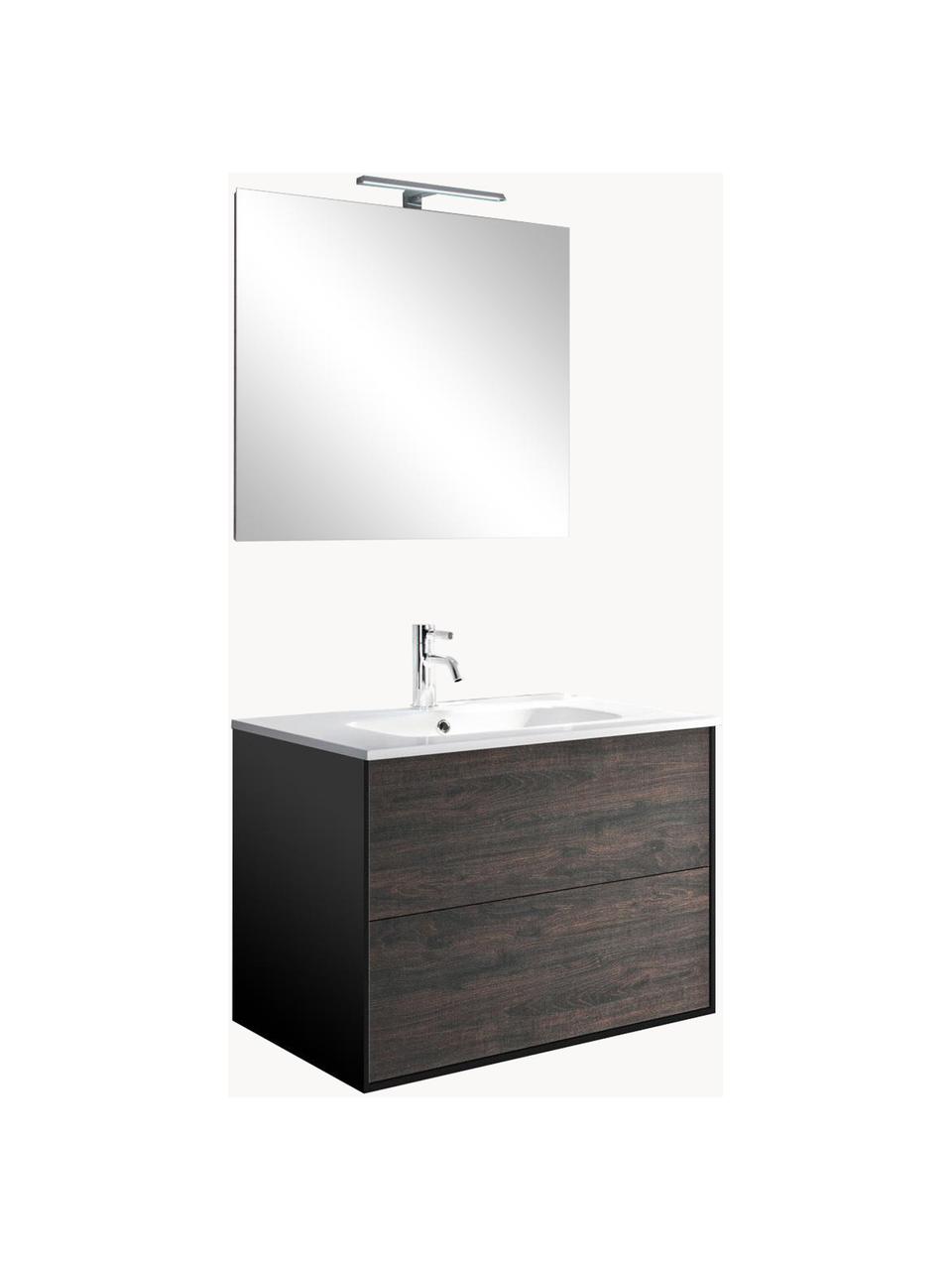 Set lavabo Ago, 4 pzas., Lámpara: acero recubierto, Espejo: vidrio, Parte trasera: plástico ABS, Aspecto de madera de fresno, negro, An 61 x Al 190 cm